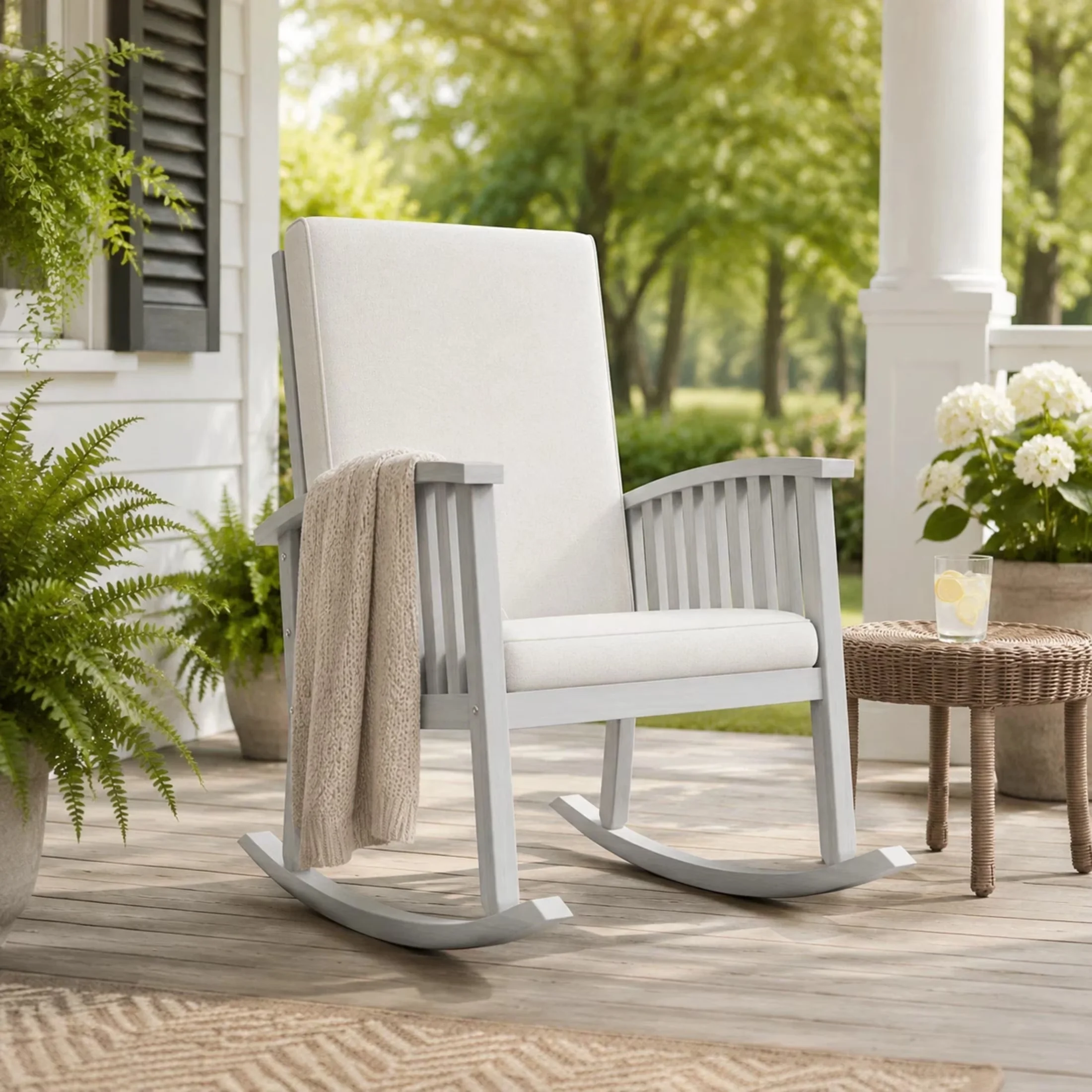 Essential Patio Chair with Removable Cushion Cover, Ivory - Acacia Wood + Cushion Ivory Finish + Beige Cushion Model 108382