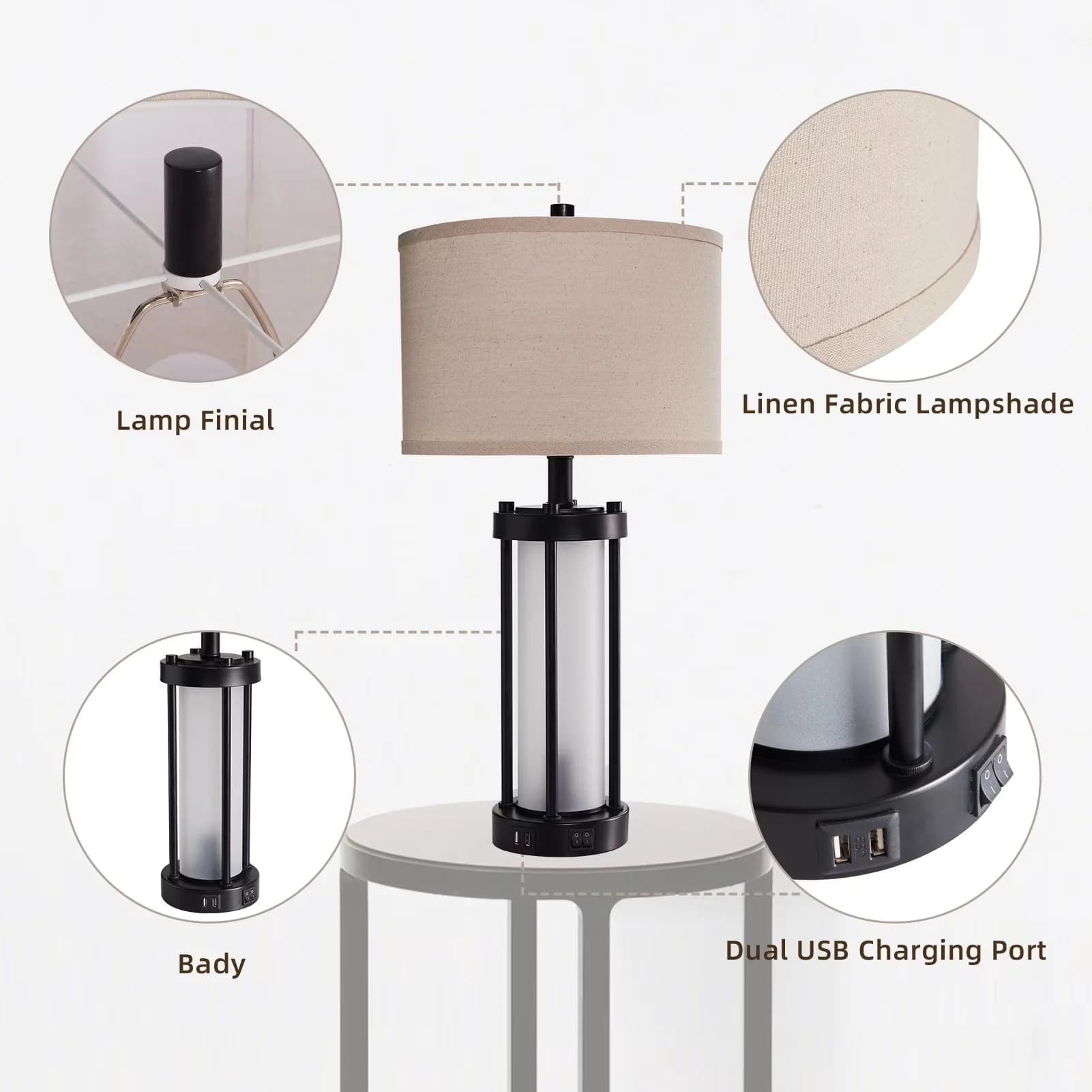 Efficient Table Lamp with LED, Power Outlet, Usb Port - Black Hardware, Glass for Bedroom Model 8124F6