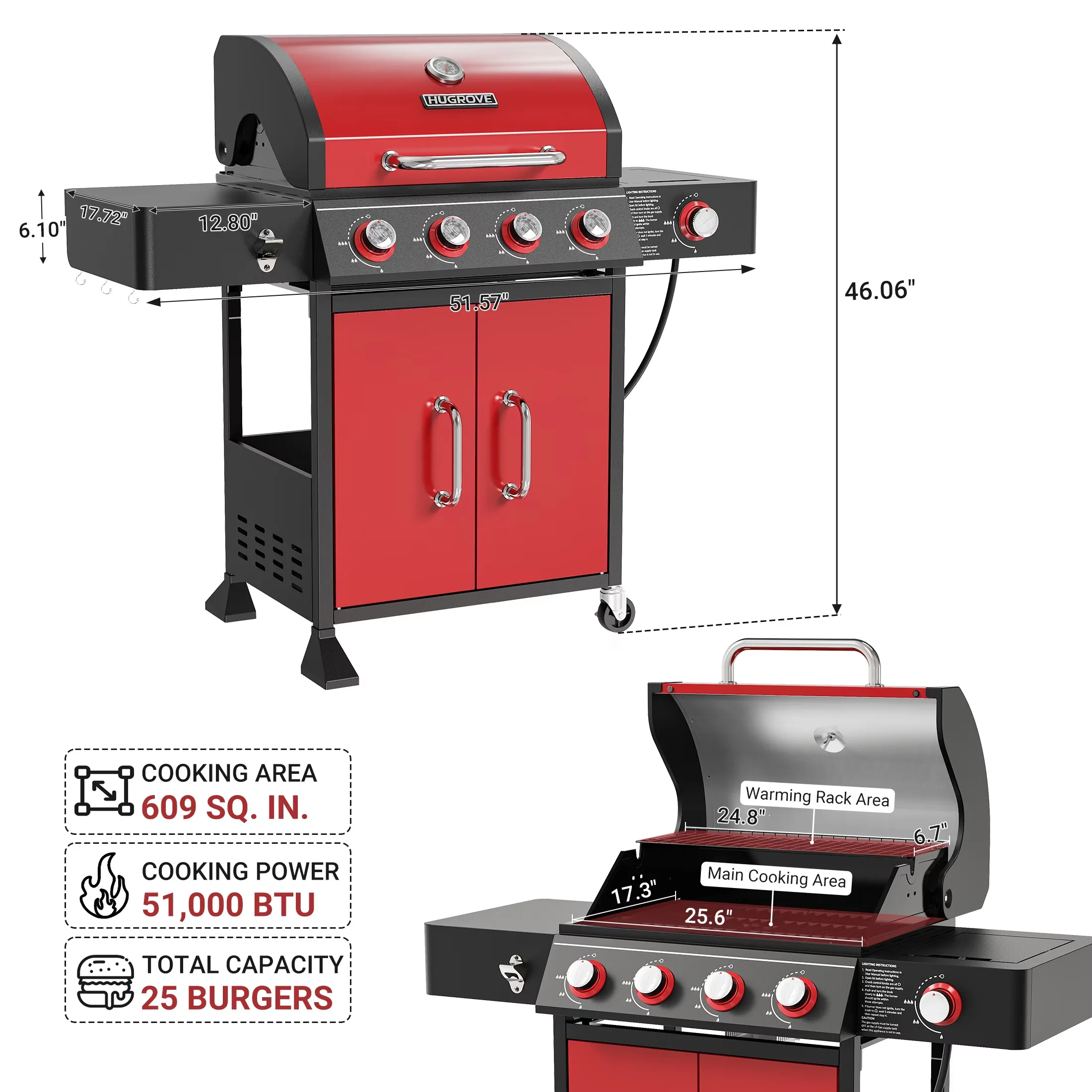Durable Gas Grill with 51000 BTU, Rust Resistant, Enclosed Cabinet - Red Porcelain-Coated Steel, Cast Iron, Stainless Steel Model C04D39