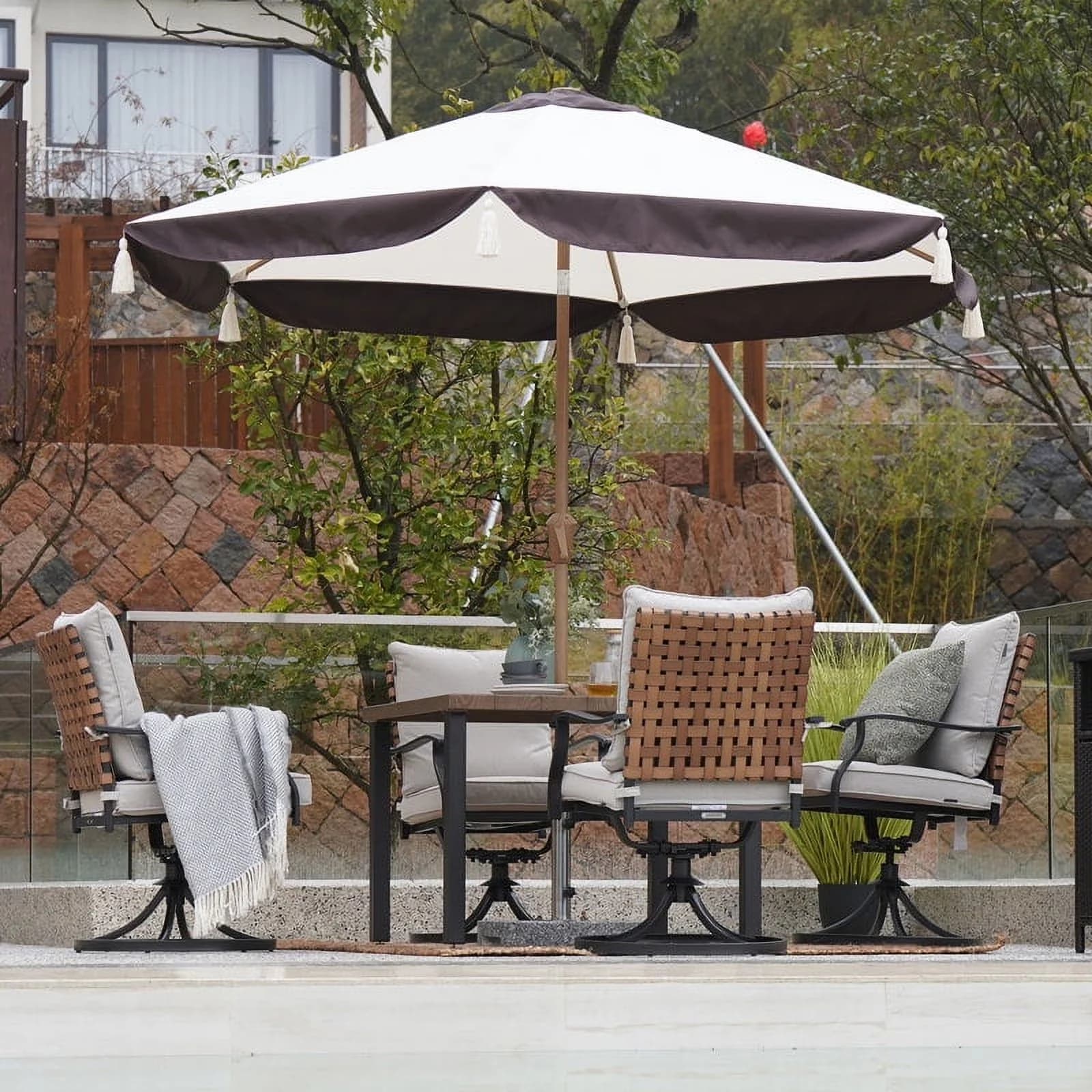 Patio Dining Set Modern with Contemporary, Grand 5-Piece Outdoor, Brown - Black Powder Coated Steel, Solution Dyed Polyester, Resin... Model ECD884