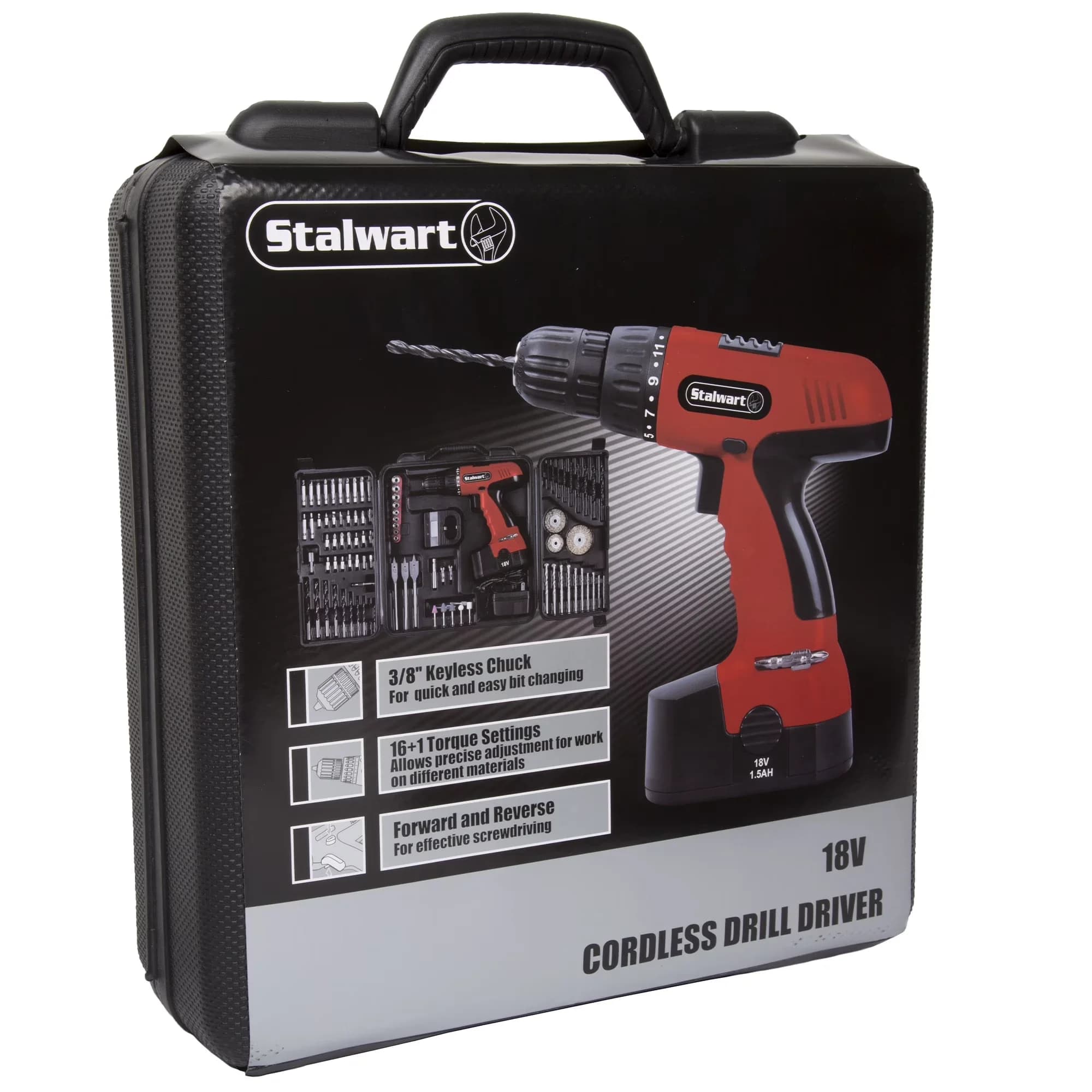 Professional Drills Driver with Battery, 18-Volt Ni-Cad Cordless Drill, 89-Piece Drill Set - Black, Red Model 7B01D5