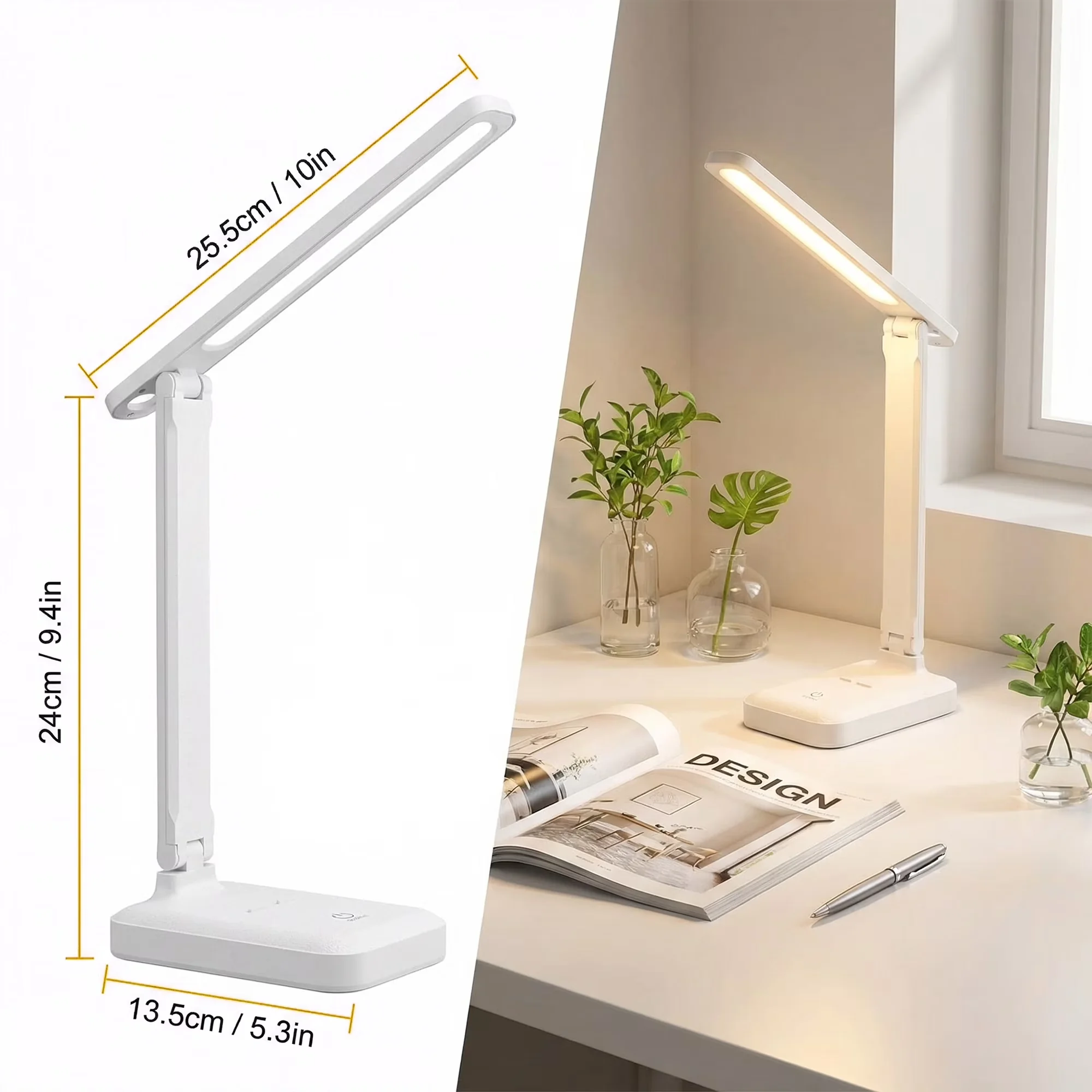 Desk Lamp Versatile with LED, Battery, Touch Sensor - White Plastic for Study, Travel Model 9995DC