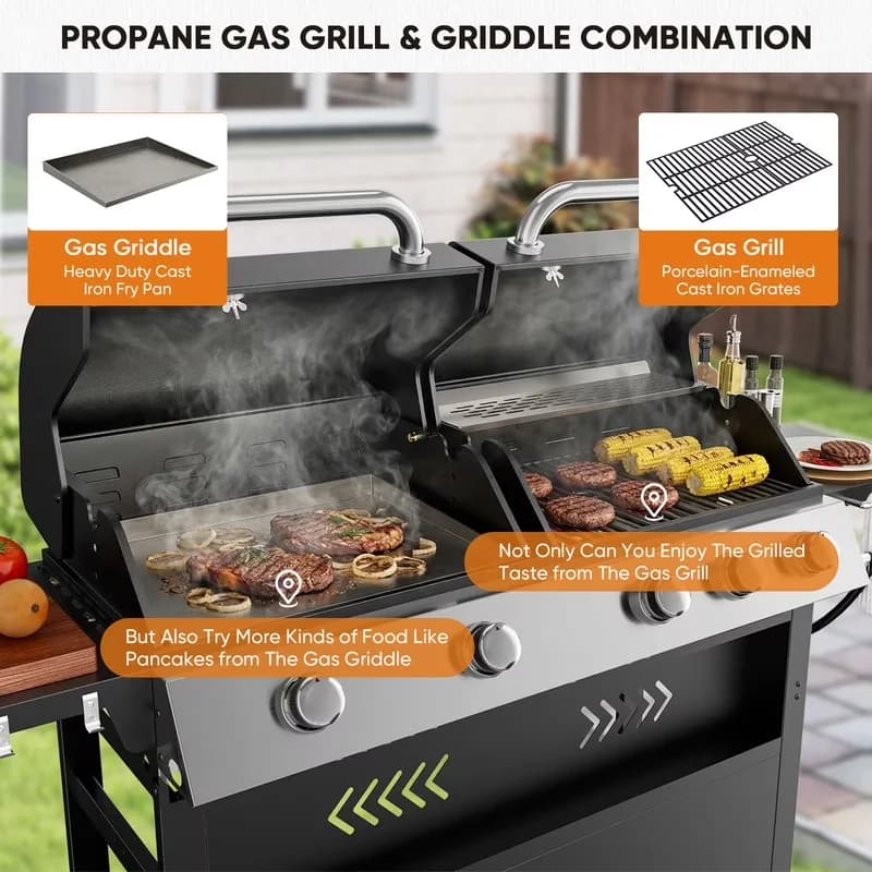 Innovative Flat Top Grill with Portable, BBQ Combo - Black Steel for Outdoor, Kitchen Model 69892E