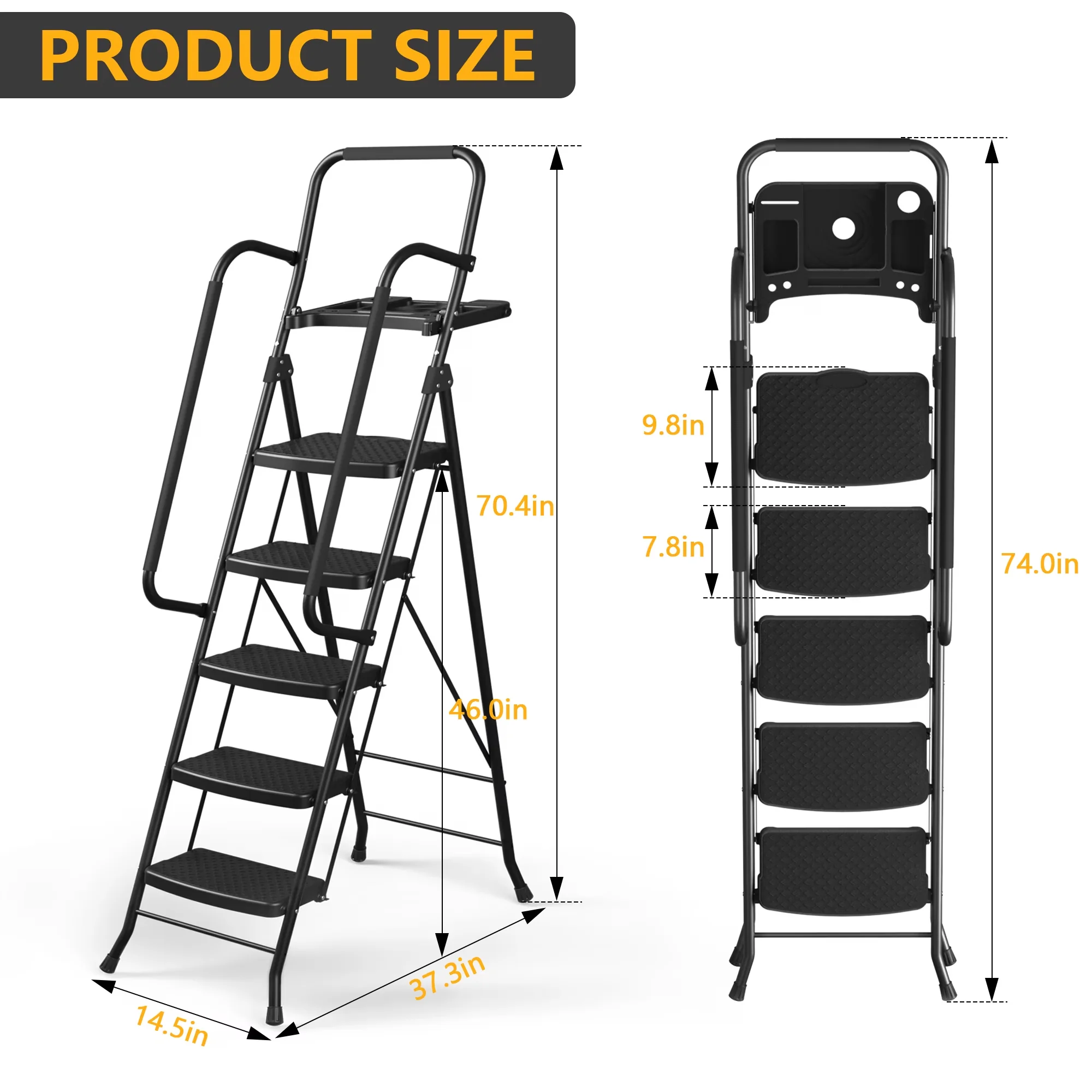Premium Ladders And Step Stool with Lock-On Button, Safety Lock - Metal Black Model 7CEDB2