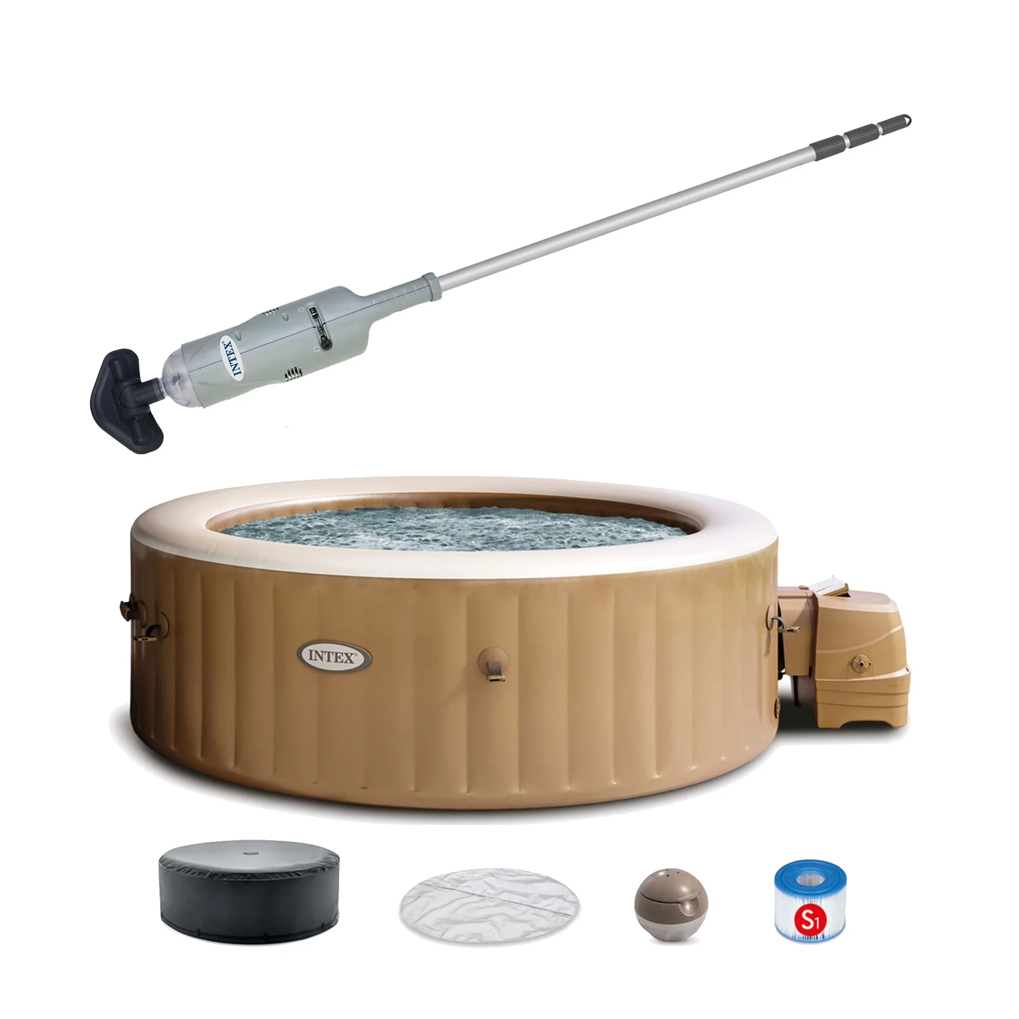 Modern Hot Tub with Inflatable, Color: Gray, Pool Vacuum - Brown - Essential Collection Model 71FACF