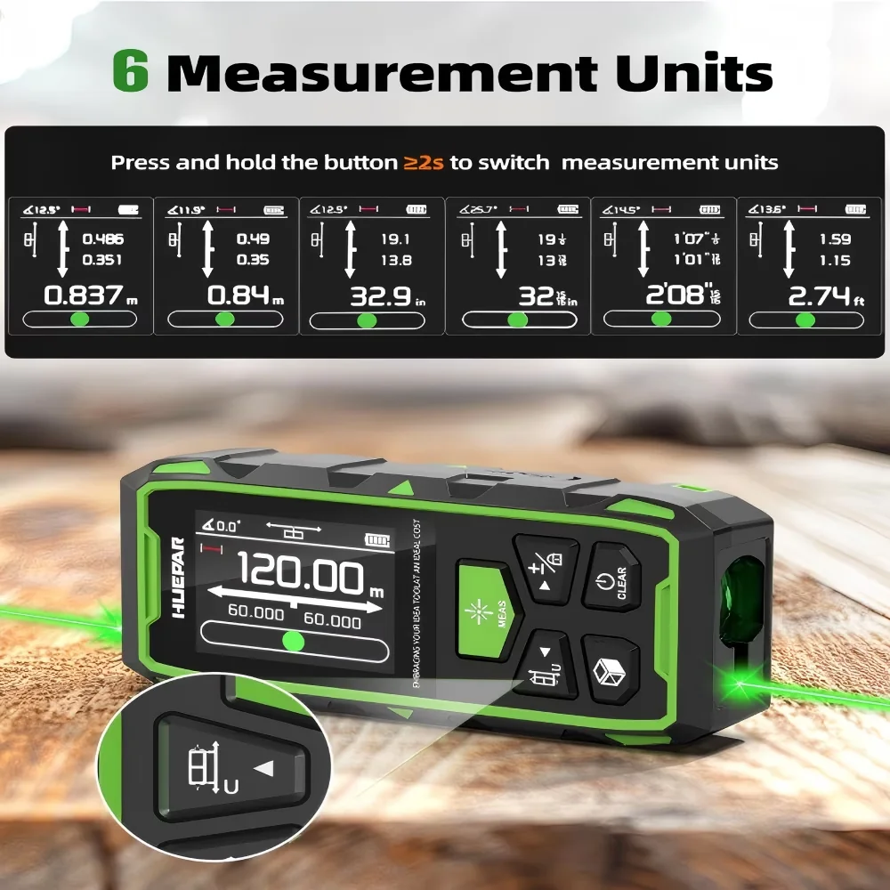 Premium Measuring Layout with Battery, Magnetic, 393Ft Dual Green Laser Distance Measure - Green Abs Model EAAEDA