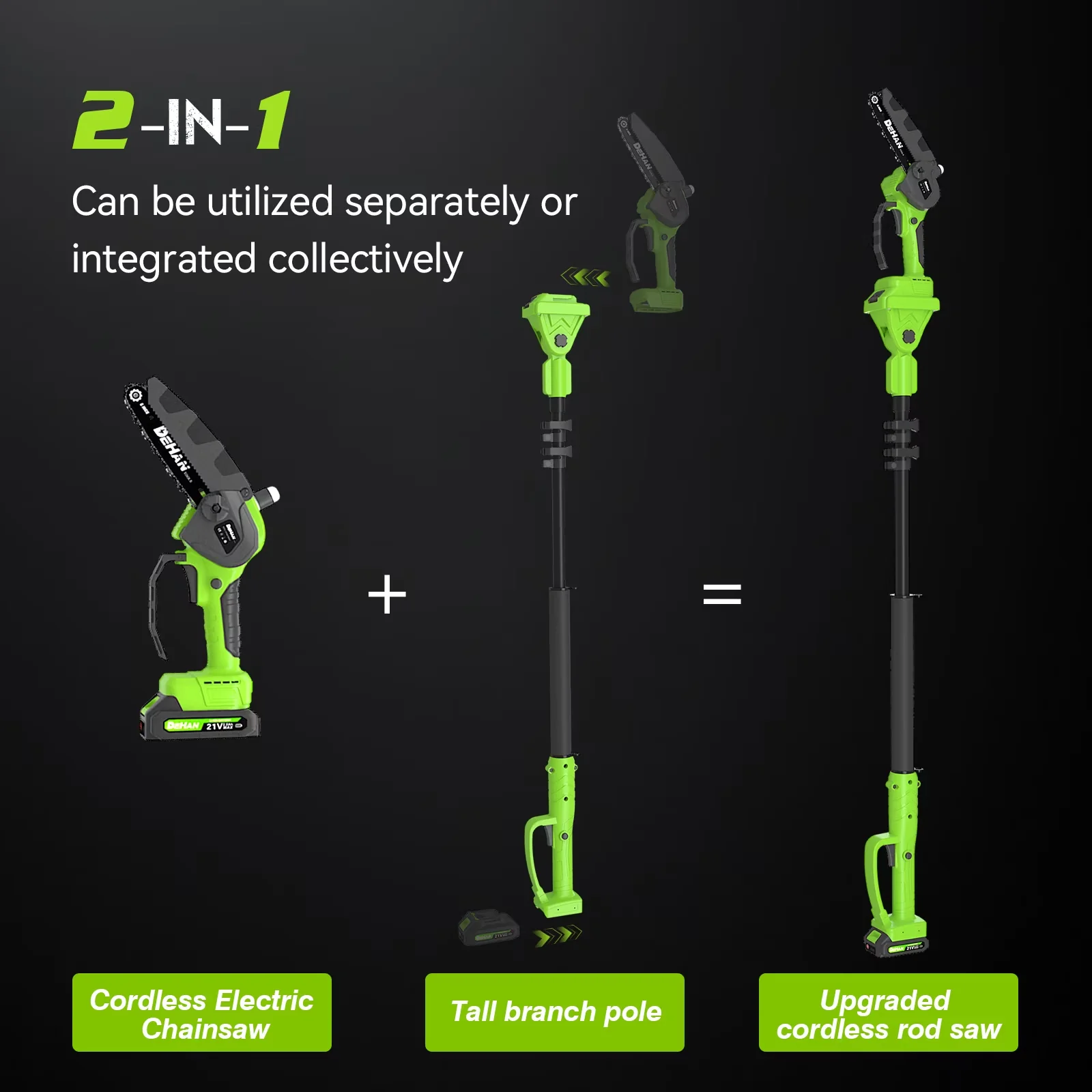 Pole Saw Modern with Battery, 21V, 21V Brushless 2-in-1 Chainsaw - Green Model 0F5801