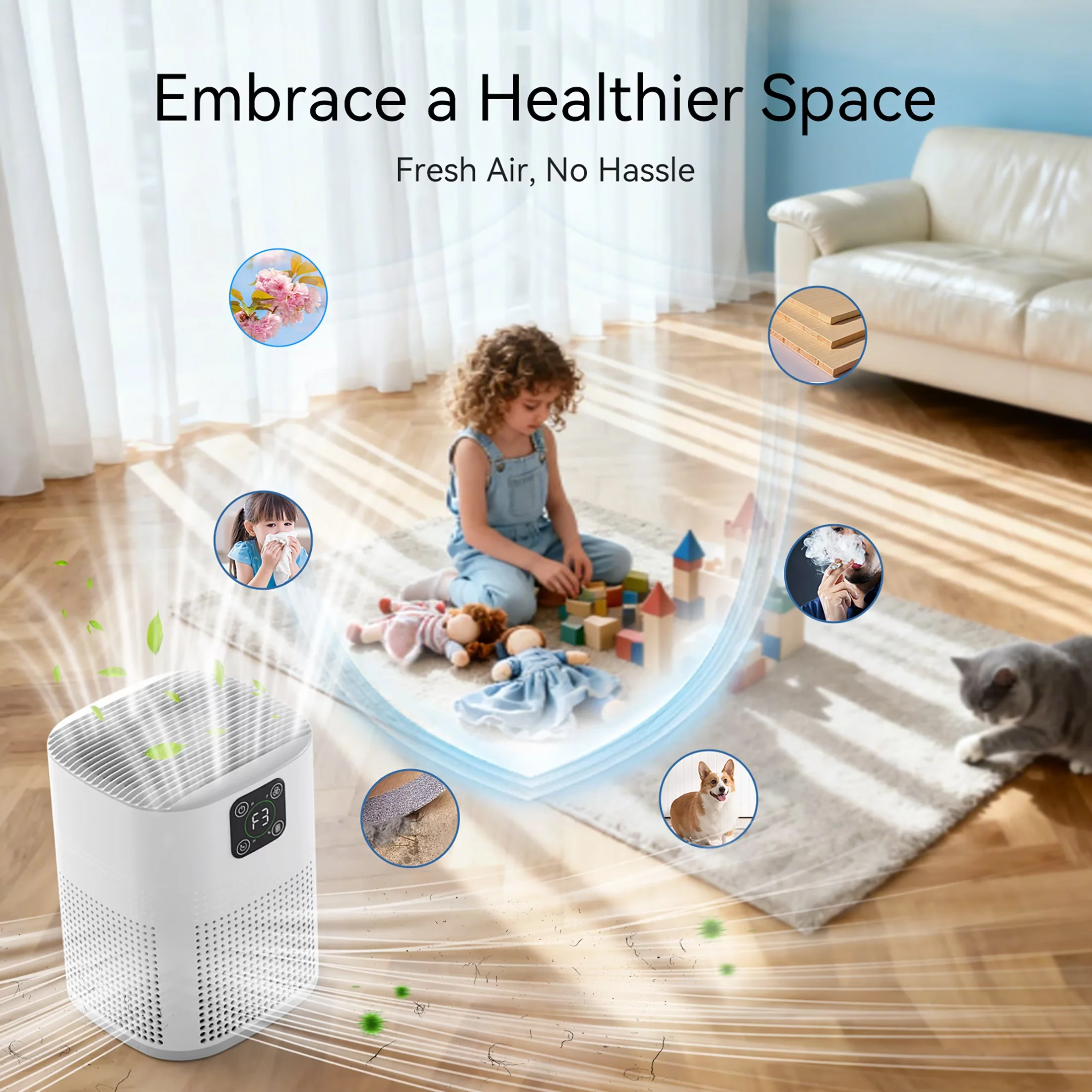 Sleek Air Purifier with Filter Change Indicator, Purifiers - White for Home Model D78B8F