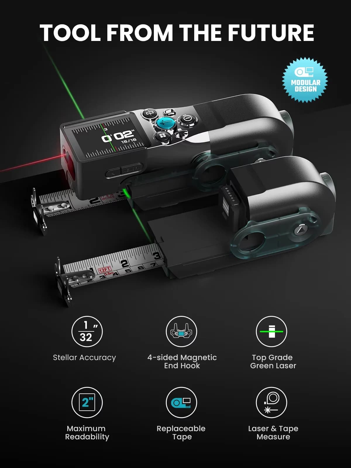 Classic Measuring Layout with Accurate Measurement, Laser, Digital Tape Measure - Abs Black Model AAF1BD