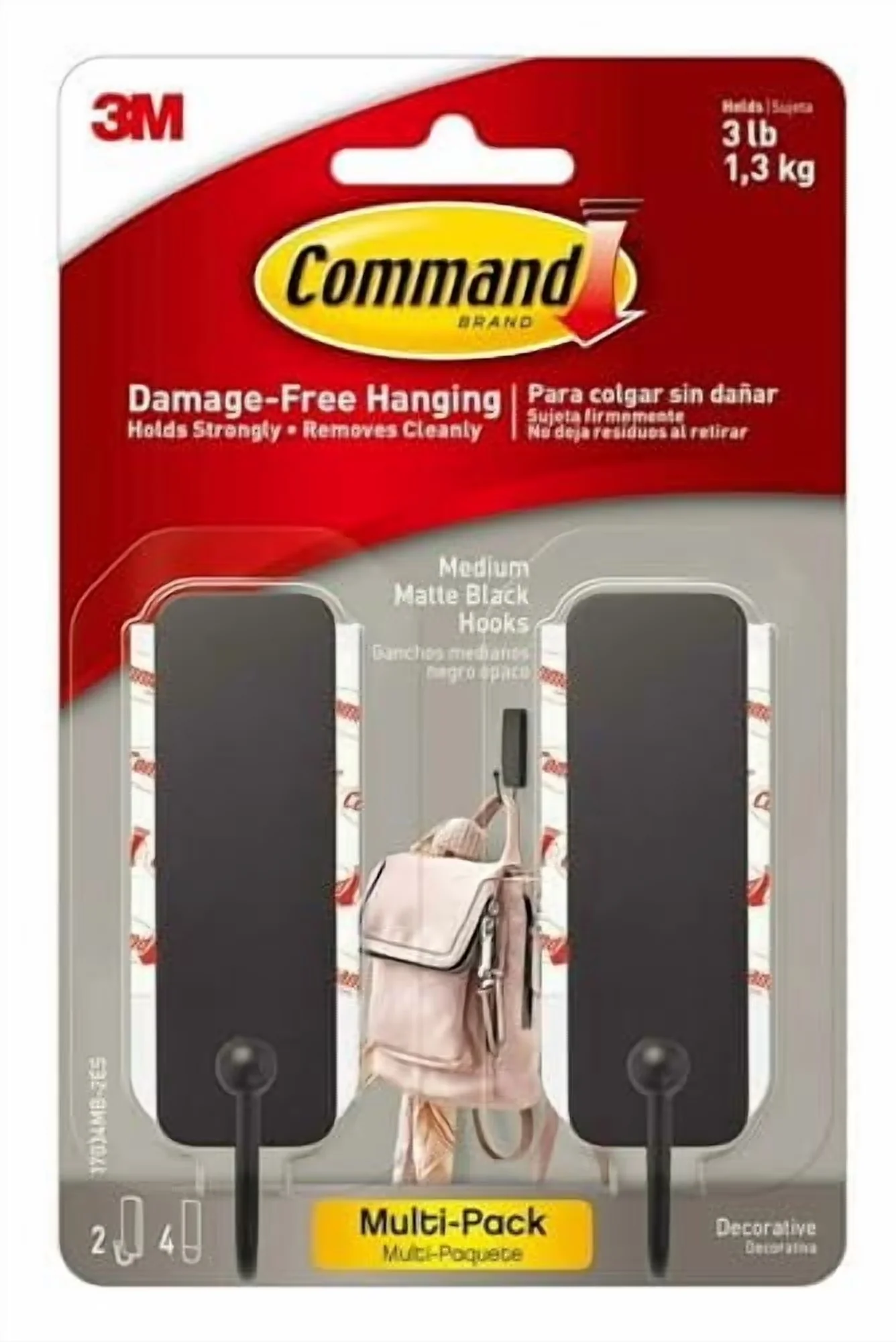 Sleek Damage-Free Hanging with Easy Clean, Medium Matte Black Wall Hooks - Black Plastic Model 0E89E3