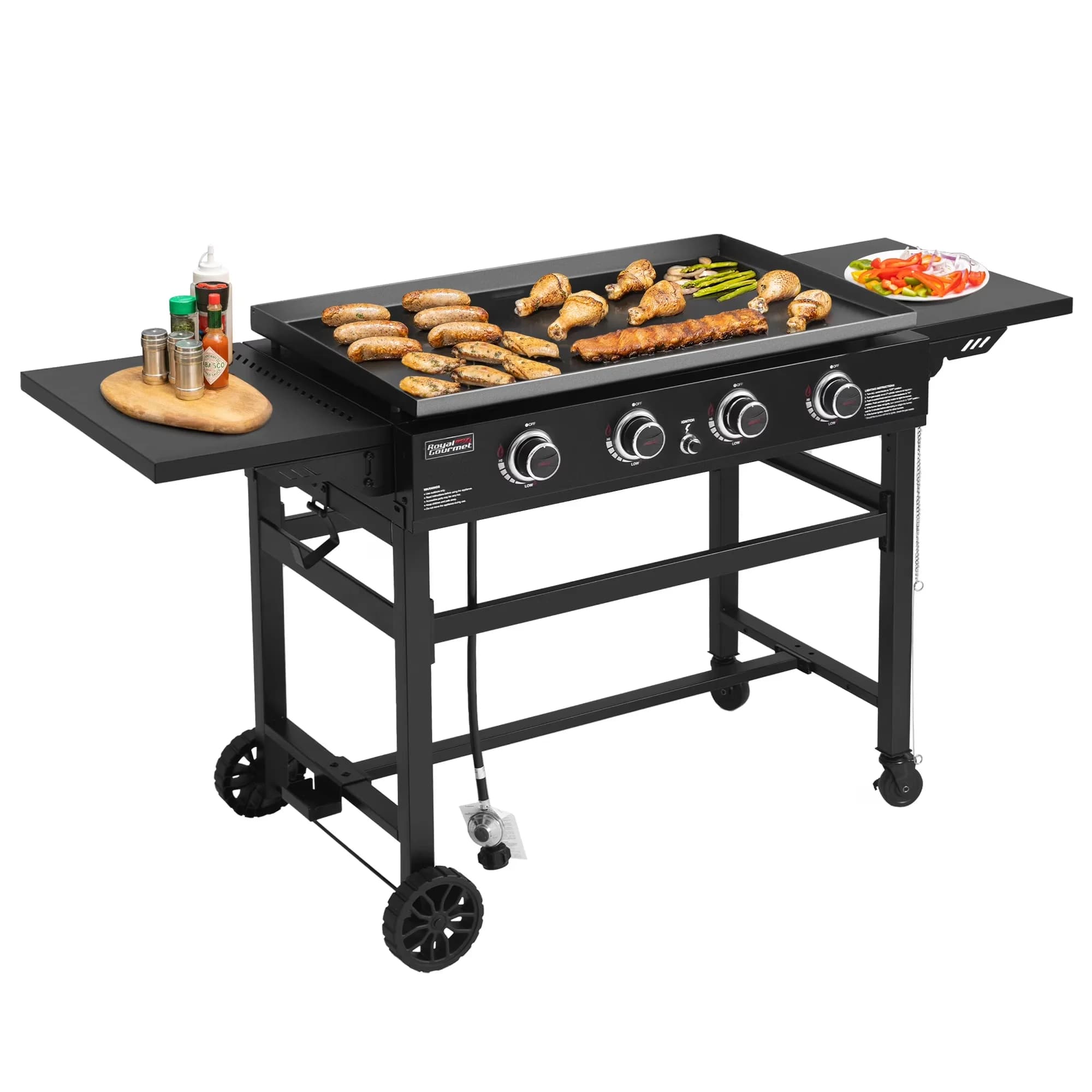 Durable Flat Top Grill with 52000 BTU, Grease Pan - Steel; Pre-Seasoned Steel (Griddle Top); Stainless Steel Silver Model 58F900