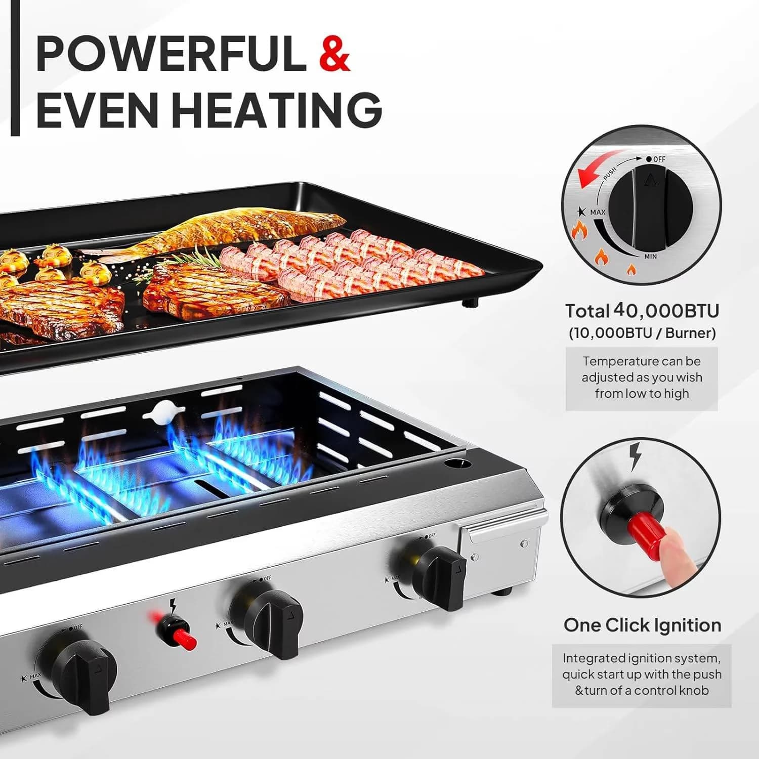 Durable Gas Grill with 40000 BTU, Portable - Metal, Steel Red for Outdoor, Camping Model 5A0F21