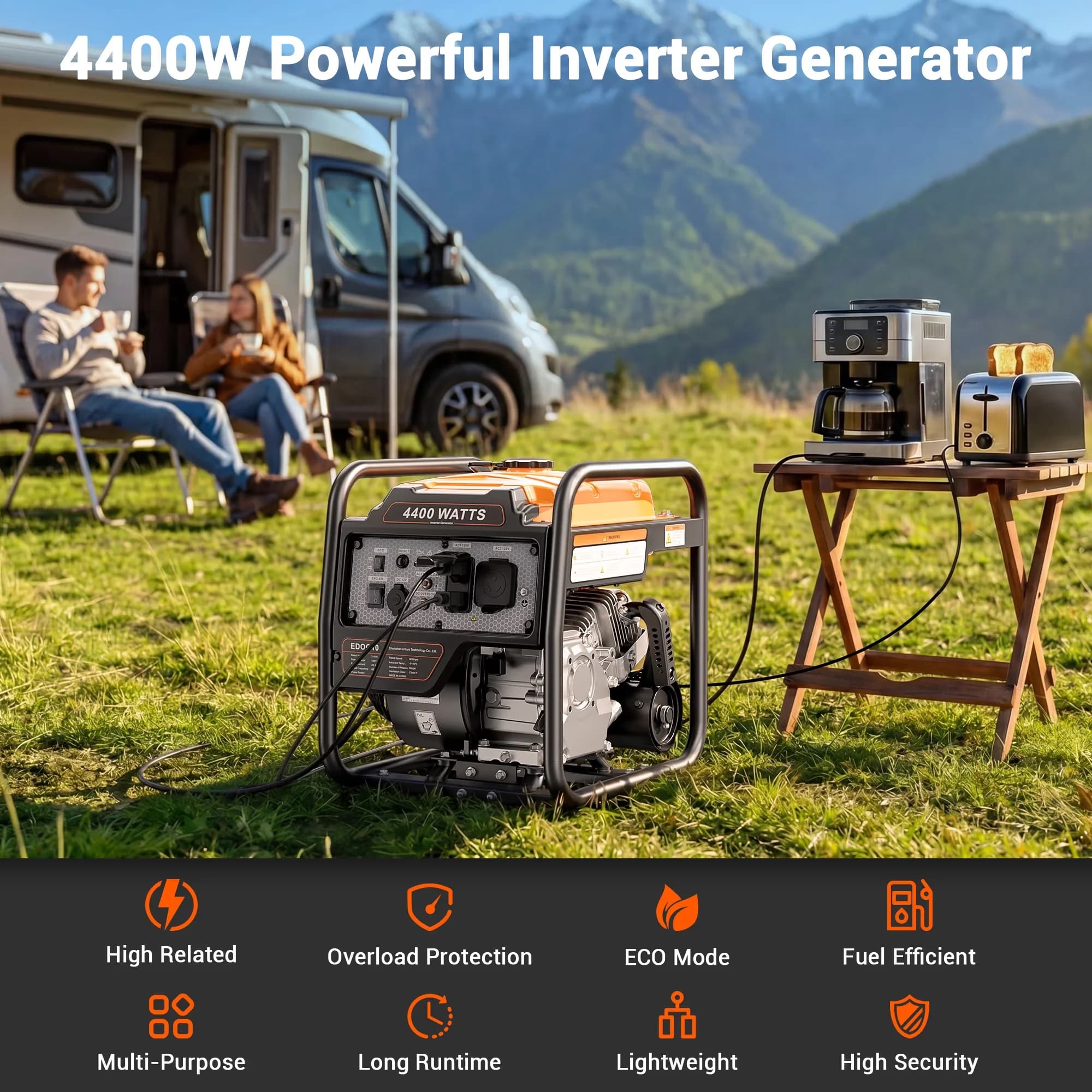 Stylish Generator with 4400W, Grounded, Short Circuit Protection for Home, Camping - Model 005A90