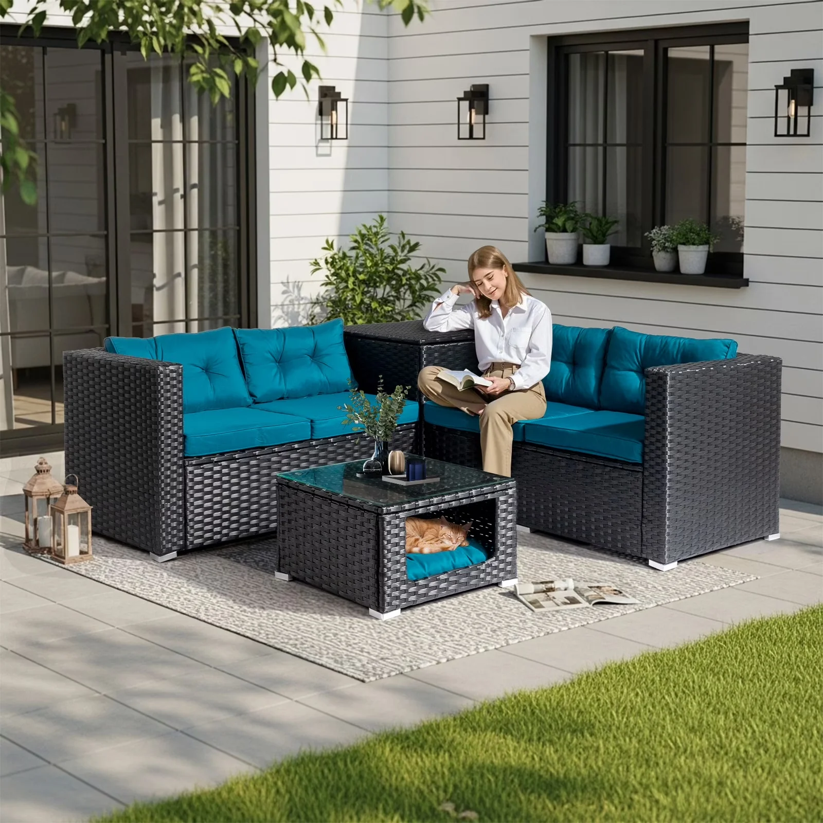Essential Outdoor Sofas Sectional with Contemporary, Weather-Resistant - Green Wicker / Rattan Model 9FB7F0