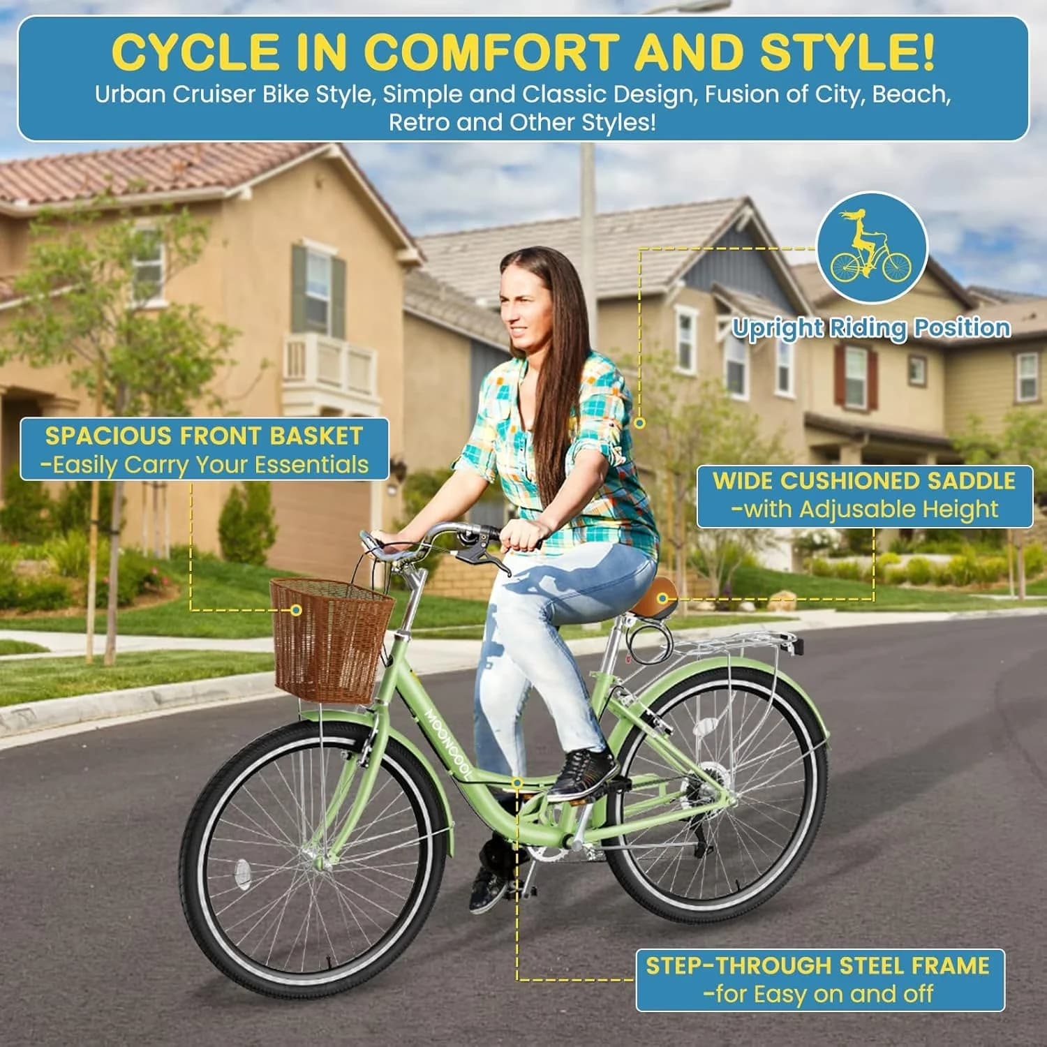 Premium Cruiser Bike with Adjustable Seat Height, Lightweight, Adjustable Speed - Green Model 9B56CE