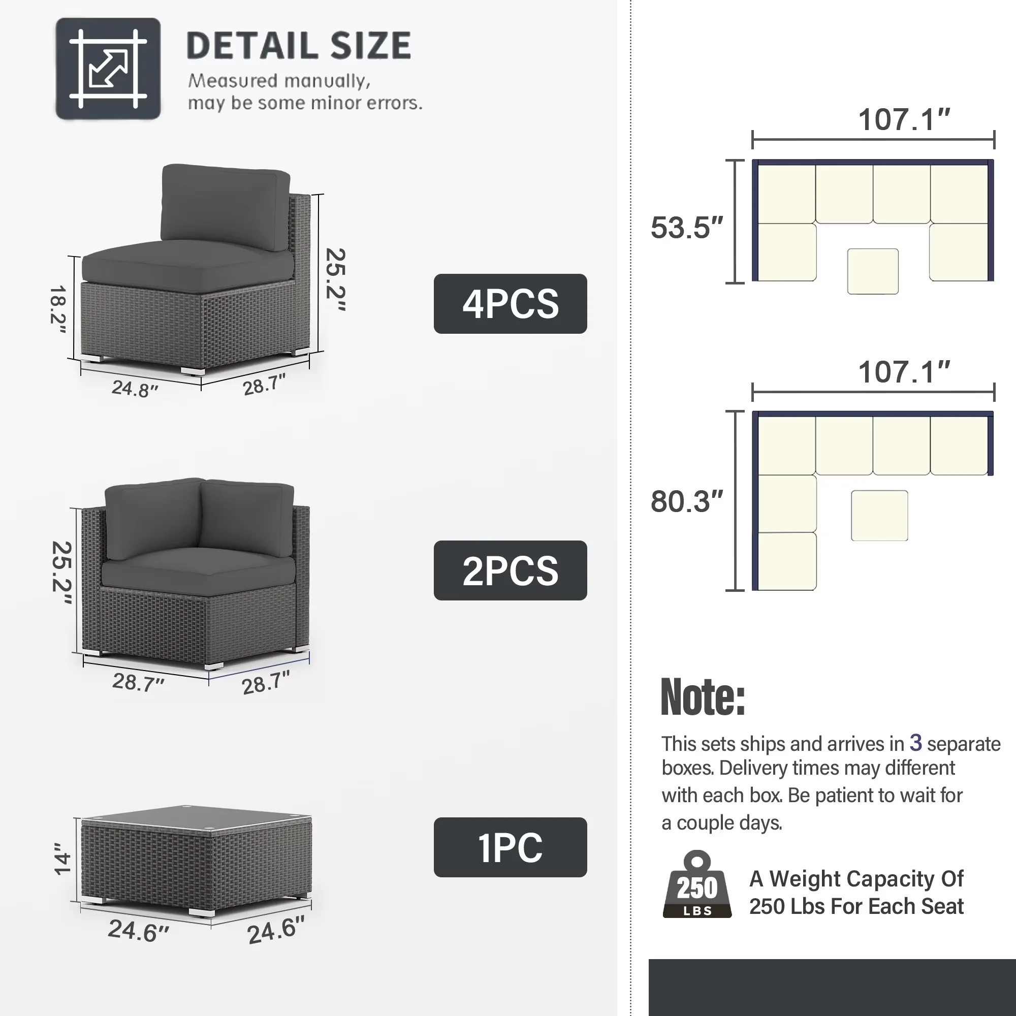 Sleek Outdoor Sofas Sectional with Dark Grey, Modern Glass Coffee Table and Cushions, Backyard - Black Rattan Model 0EB22E