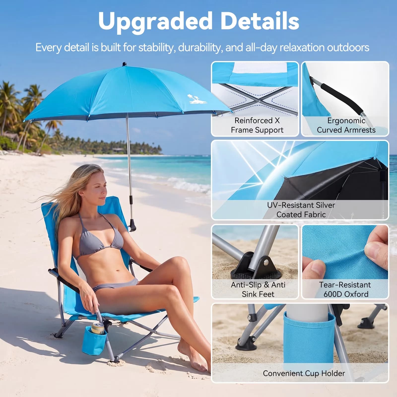 Premium Beach Chair with Folding, Color: Blue/Light Blue, 16.54"D x 20.08"W x 25.98"H - Model 870B5B