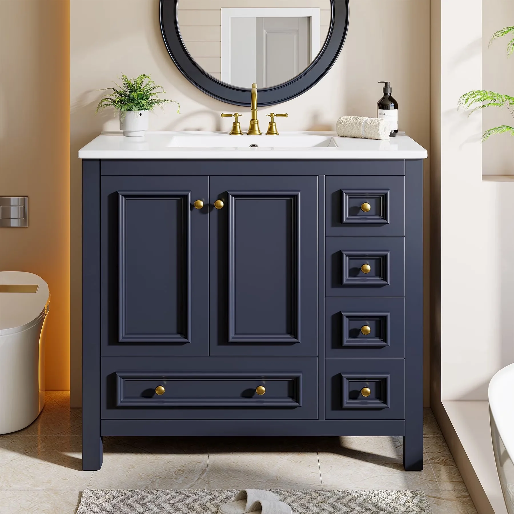 Sleek Bathroom Renovation with Integrated Sink Top, Freestanding Modern Bath Vanity, 2 Soft-closing Doors & 4 Drawers - Model 878021