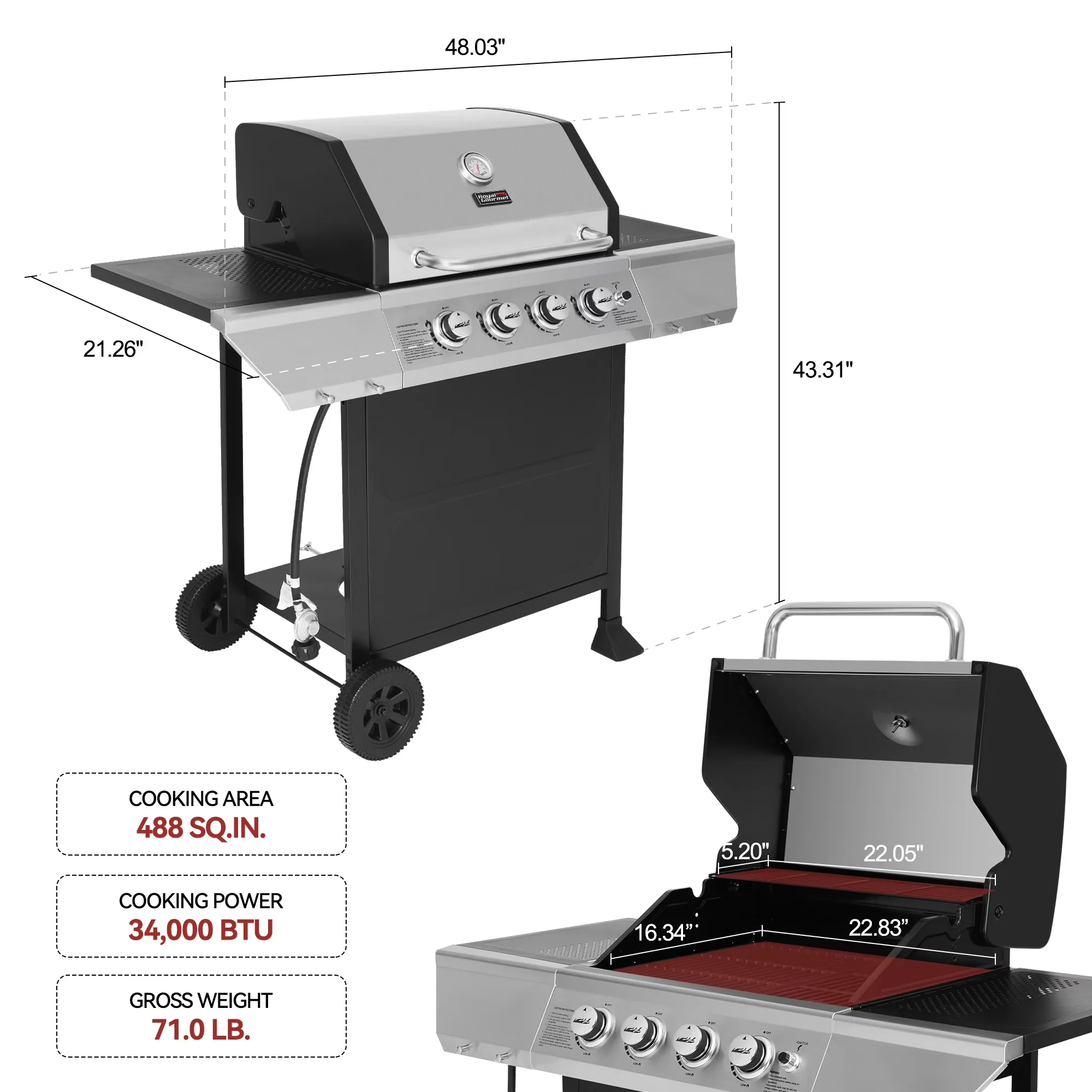 Essential Gas Grill with 34000 BTU, Warming Rack - Multicolor, Black Stainless Steel|Steel for Patio, Garden Model 7824AD