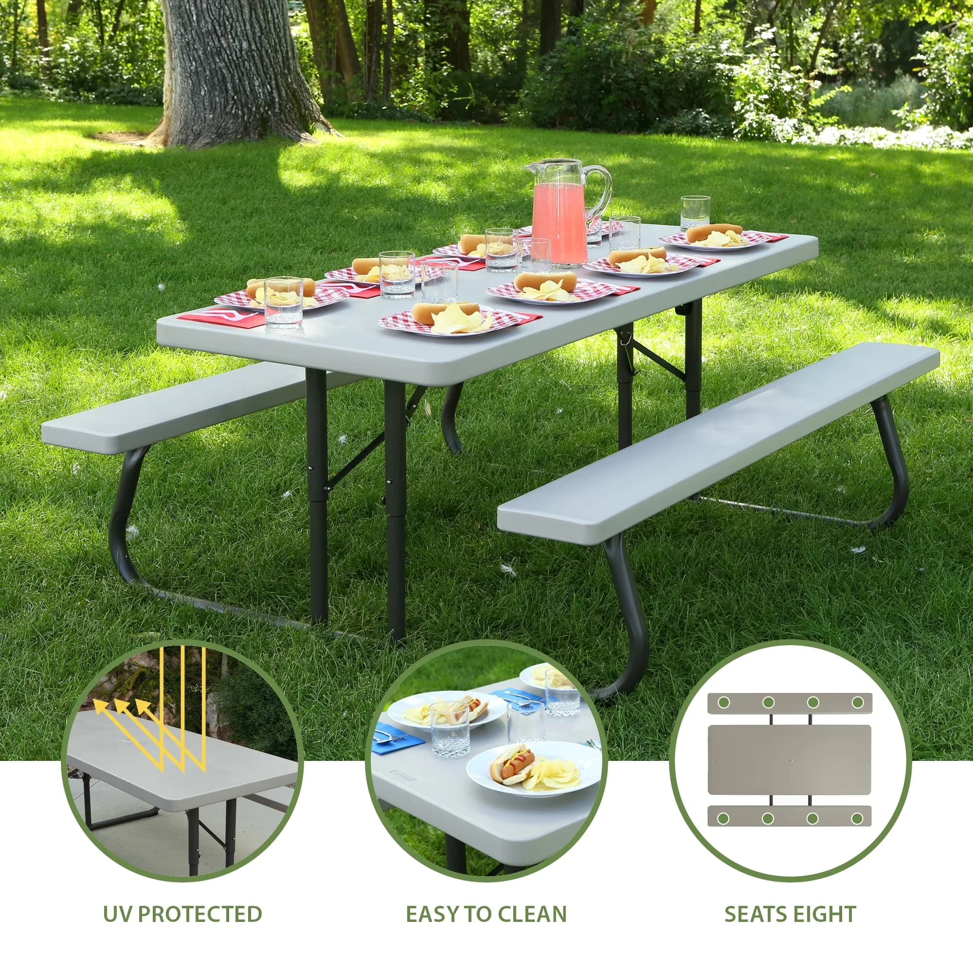 Patio Dining Set Compact with Folding, 6 Foot Folding Picnic Table, Comfortably seats 6 to 8 people - Gray Polyethylene, Plastic, Steel Model F27064
