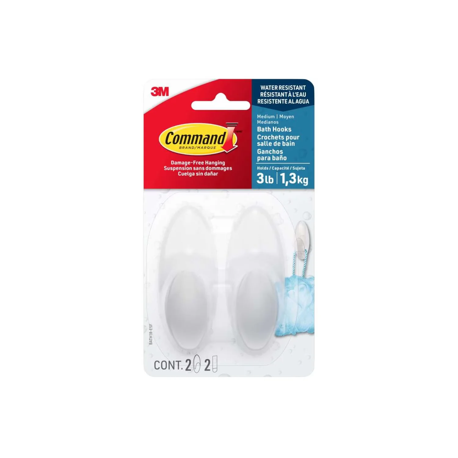 Reliable Damage-Free Hanging with Wall-Mountable, 2 Wall Hooks, Bathroom Organization - White Plastic Model A5F074