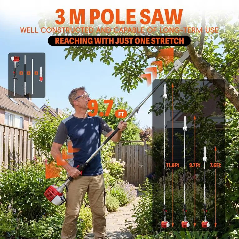 Pole Saw Professional with Three-Section Rod to 3M, Gas 26cc 2-Stroke - Red Model 28A9A2