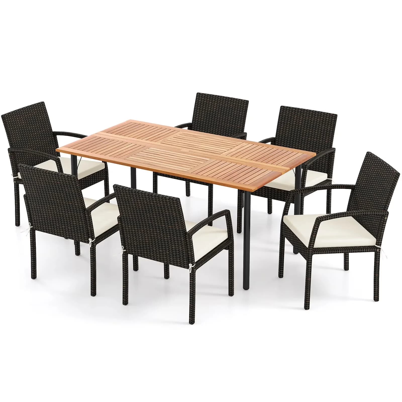 Patio Dining Set Premium with Modern, 7PCS Rattan Table Top W/Umbrella Hole - Pe Wicker, Acacia Wood, Steel, Polyester, Sponge White Model 59E0AA