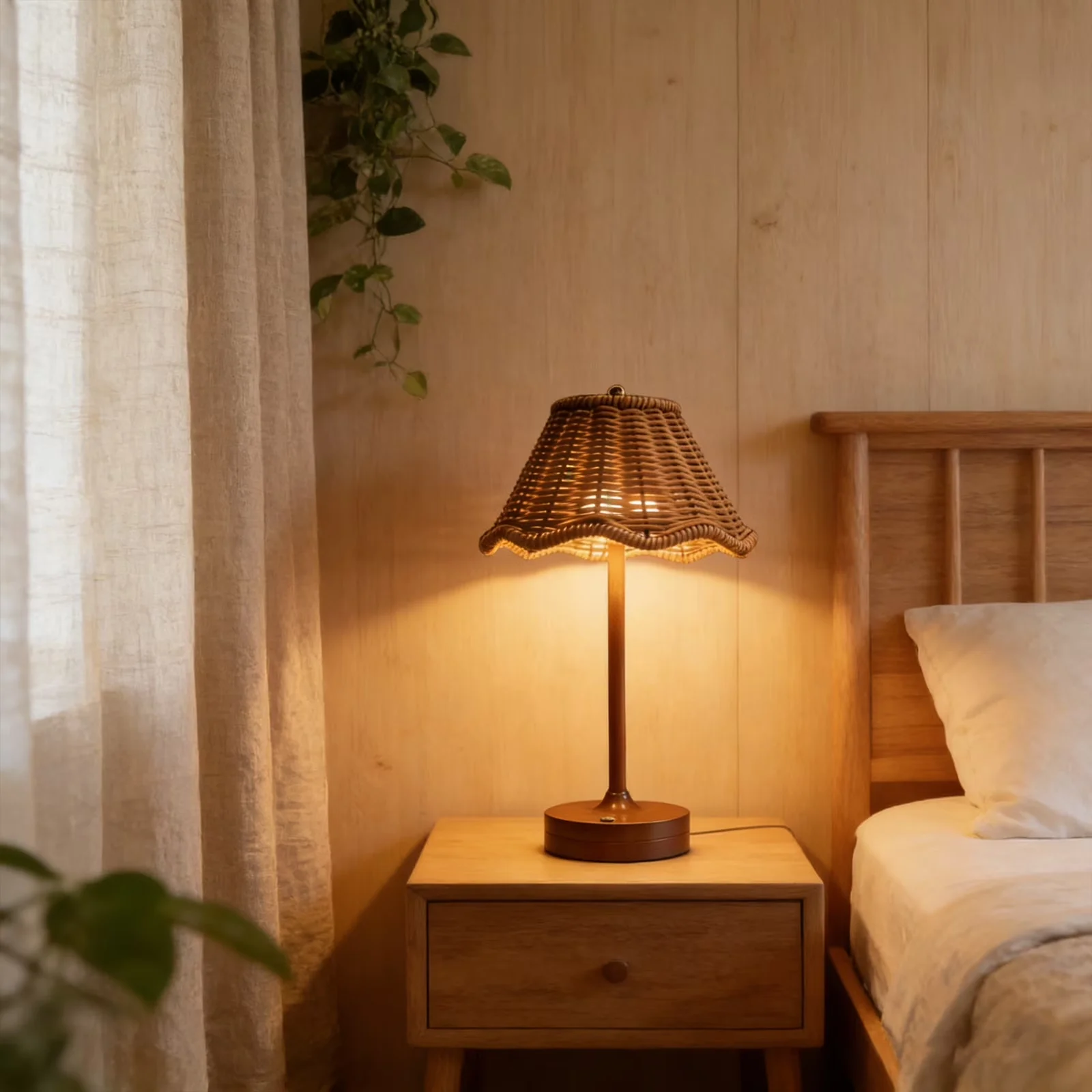 Innovative Lamp with LED, Bedside Lamps, Rattan Table - Rattan Brown for Bedroom Model 0C872D