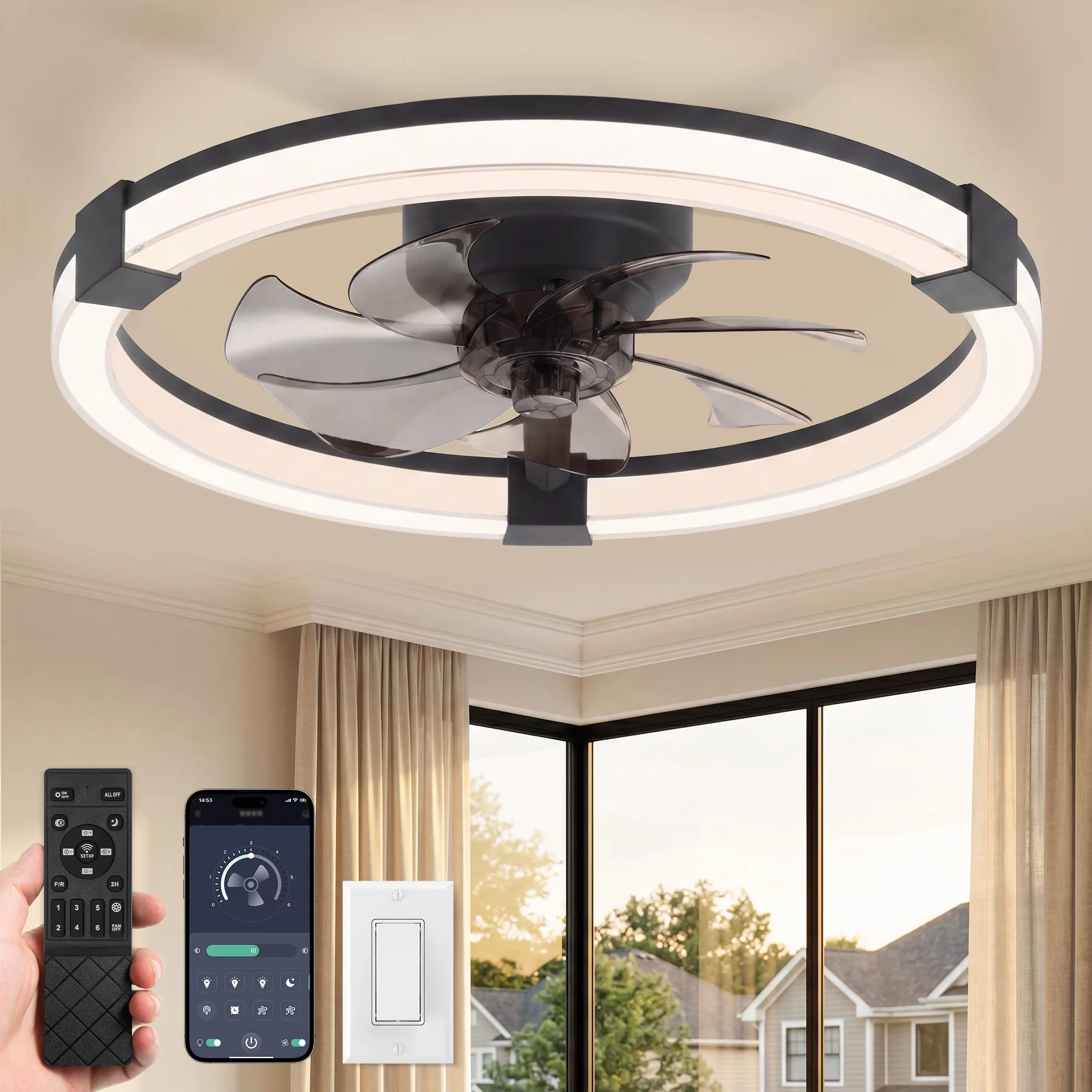 Ceiling Fan Essential with LED, Modern - Black for Living Room, Bedroom Model B8D9BC