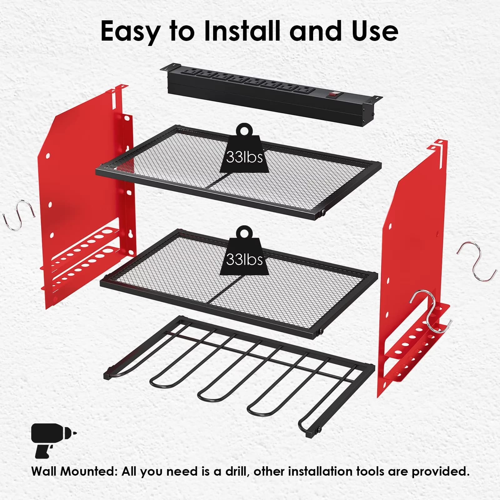 Efficient Garage Storage Supply with Storage, Charging Station - Metal Red Model FB6311