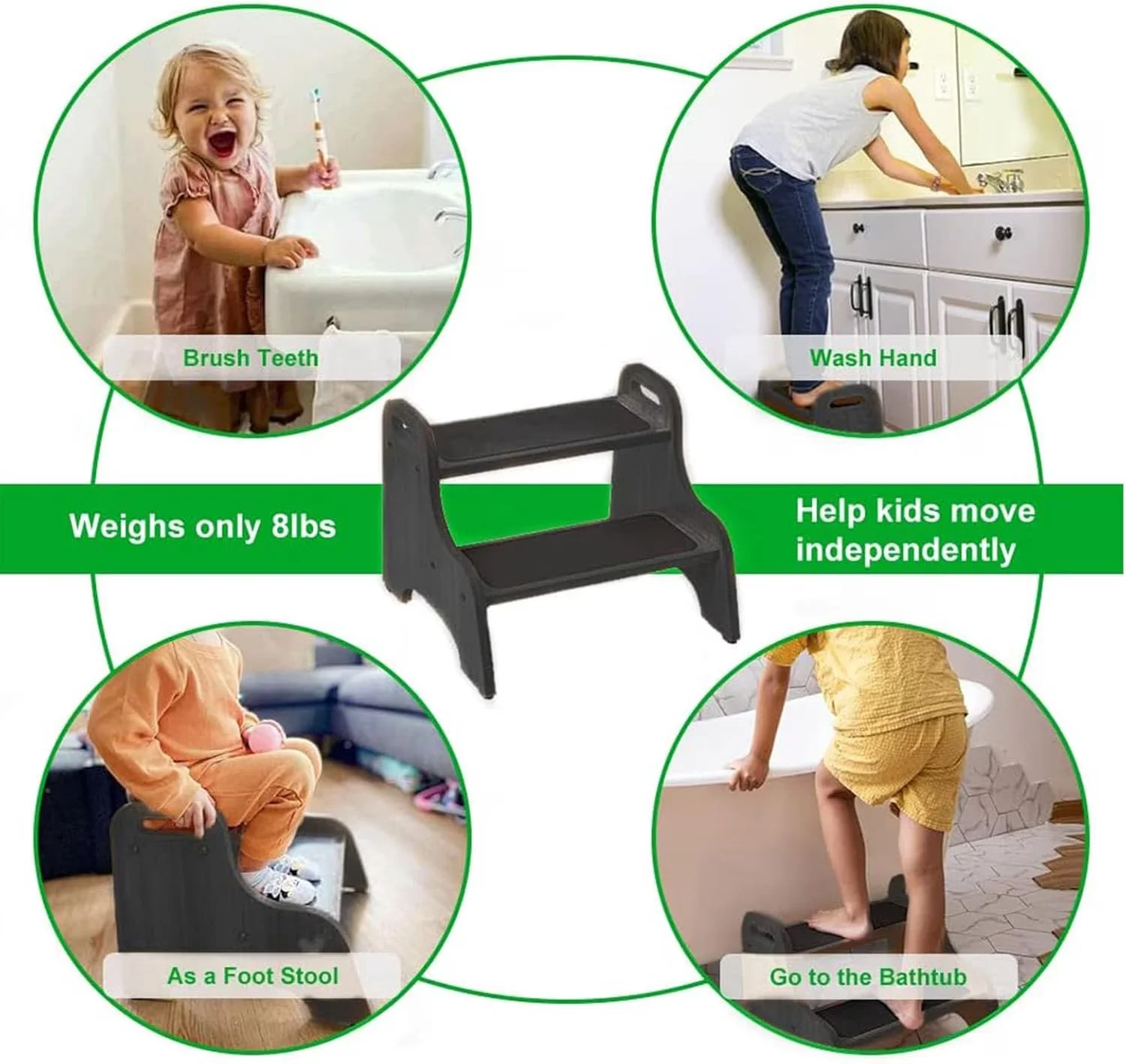 Ladders And Step Stool Compact with Anti-Slip, Wood 2 - Black Wood - Sleek Profile Model F62707