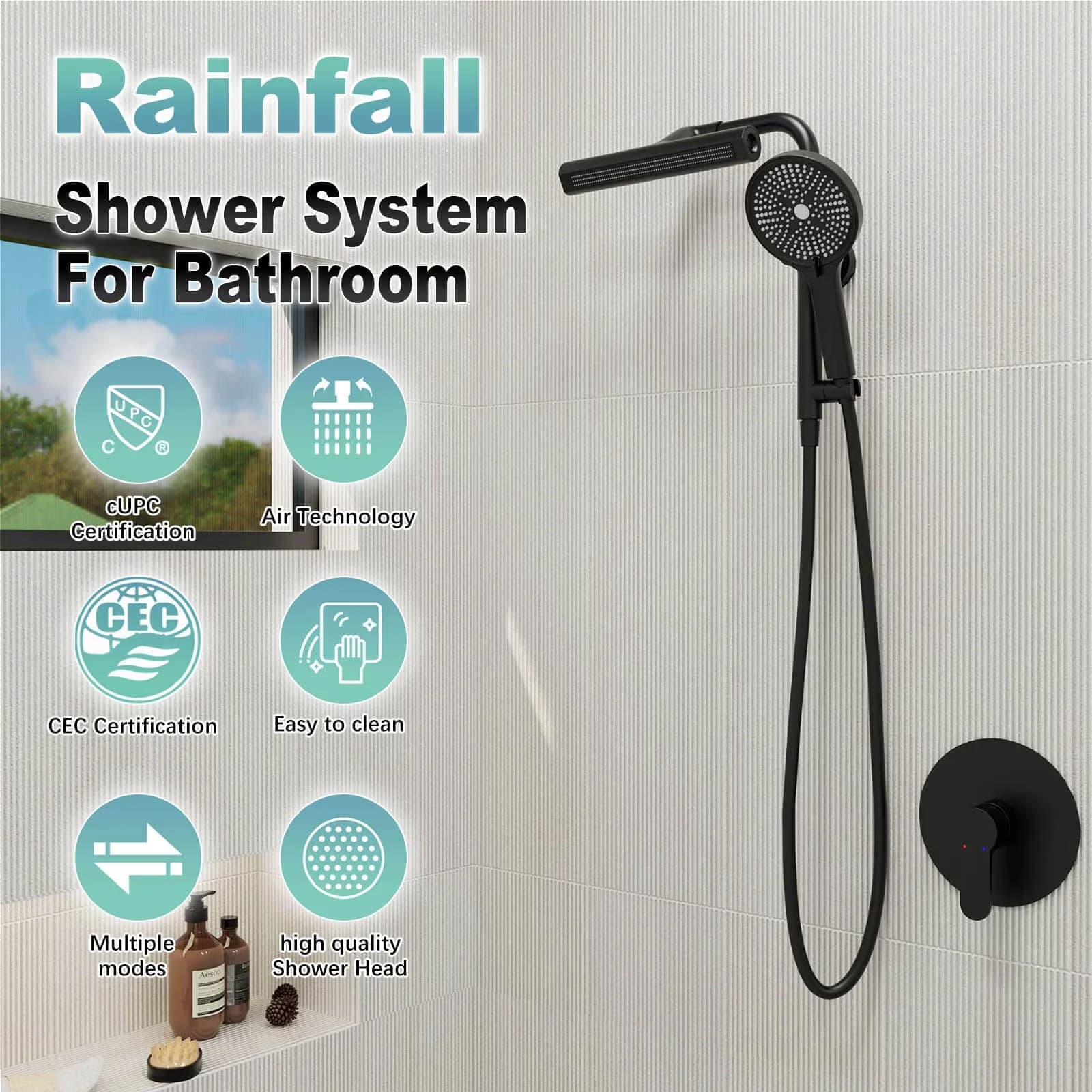 Shower Head Compact with GT Wall Bar Kit, Matte Black - Matte Black 7.8-inch Model 7BFCFF