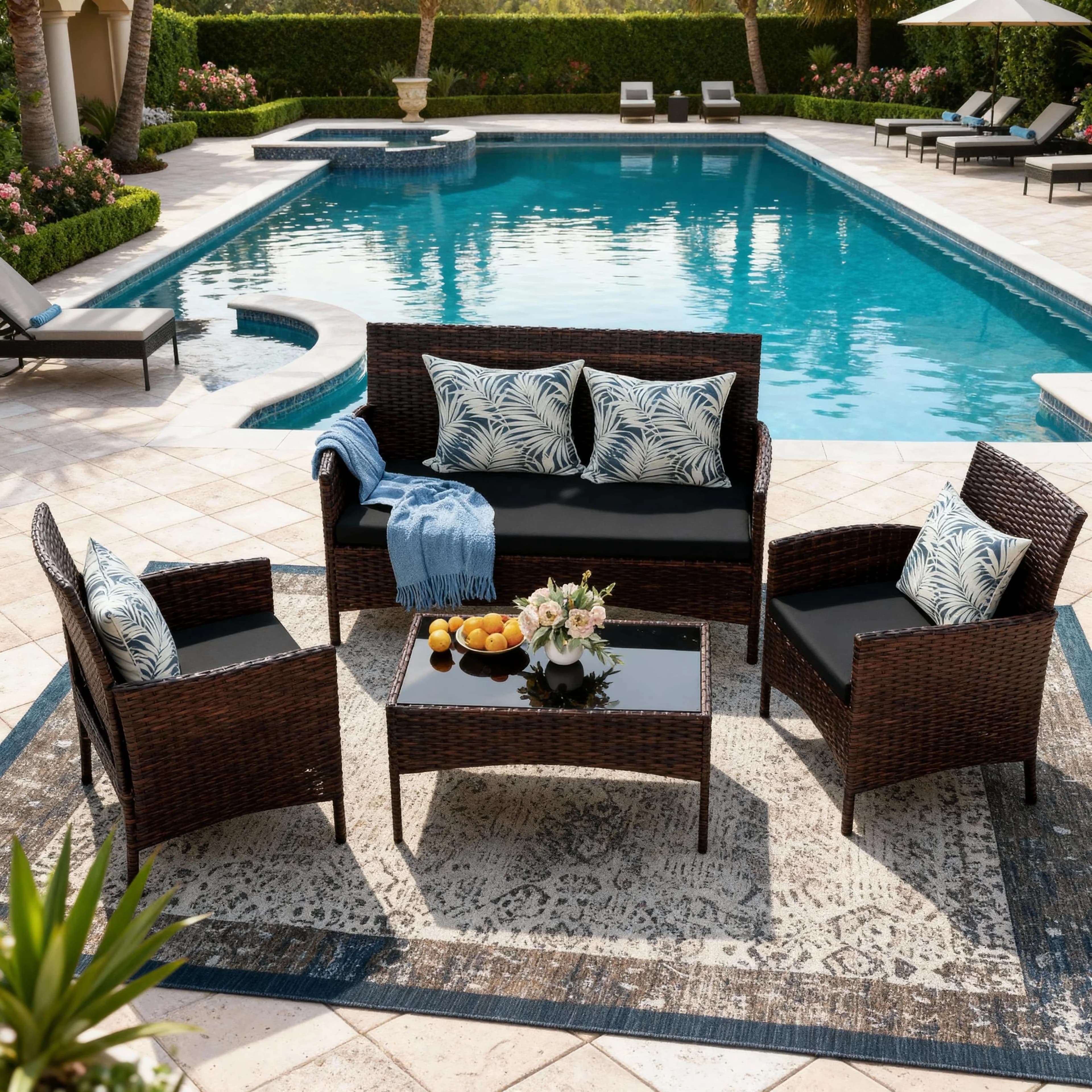 Patio Conversation Set Sleek with Weatherproof, 4 Pieces Furniture, Brown/Gray - Metal, Rattan Brown Model C0F992