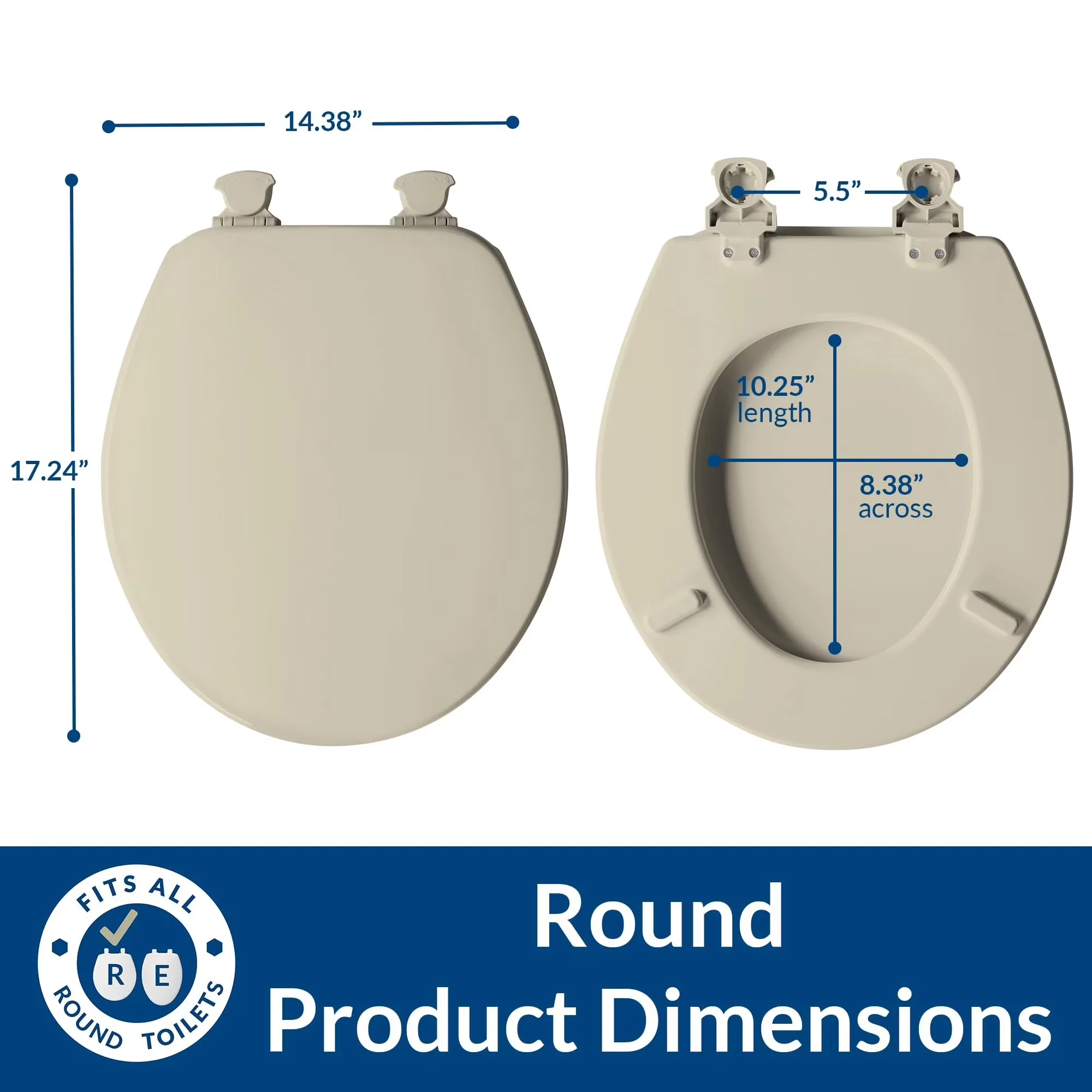 Essential Toilet Seats And Lid with Color-matched bumpers and hinges, Fits all manufacturers' round bowls - Wood White, Brown Model 409DC6