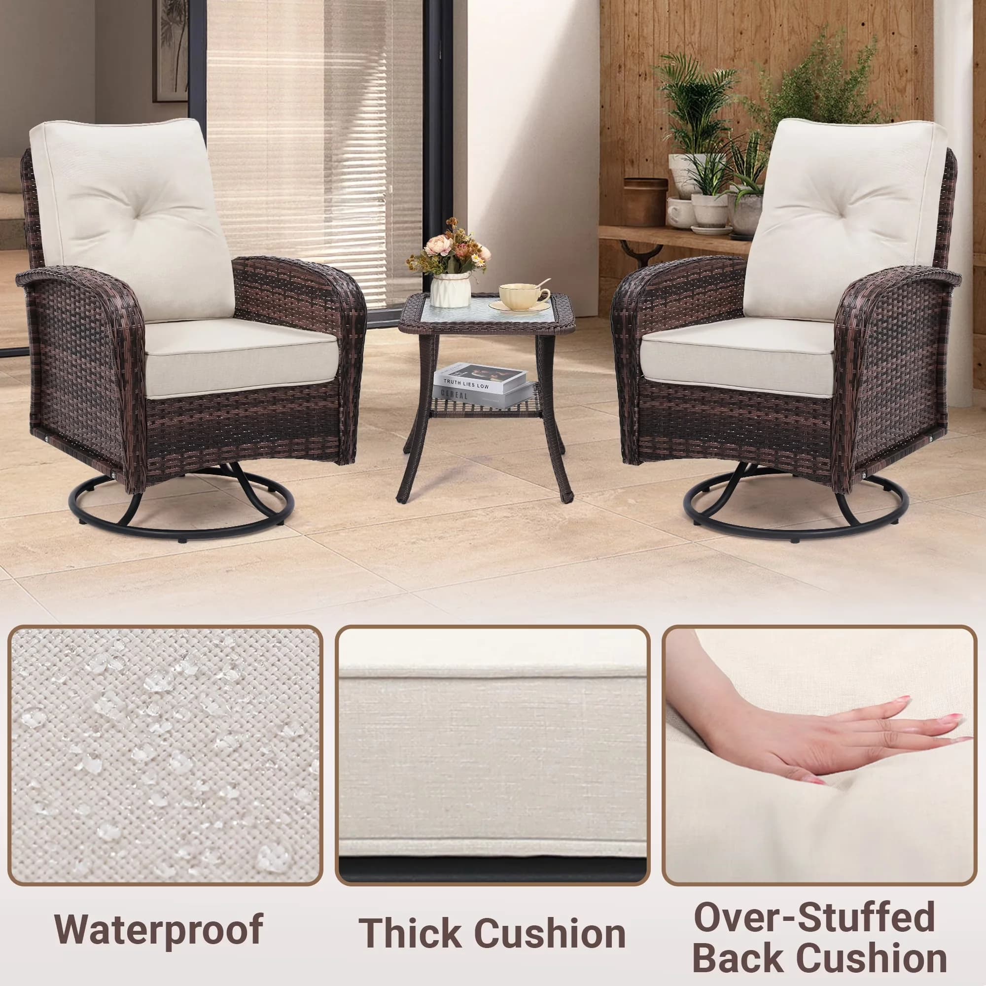Innovative Patio Chair with Weather-Resistant, Outdoor Swivel Wicker Glider Set - Wicker, Rattan Brown for Garden Model 43CEB3