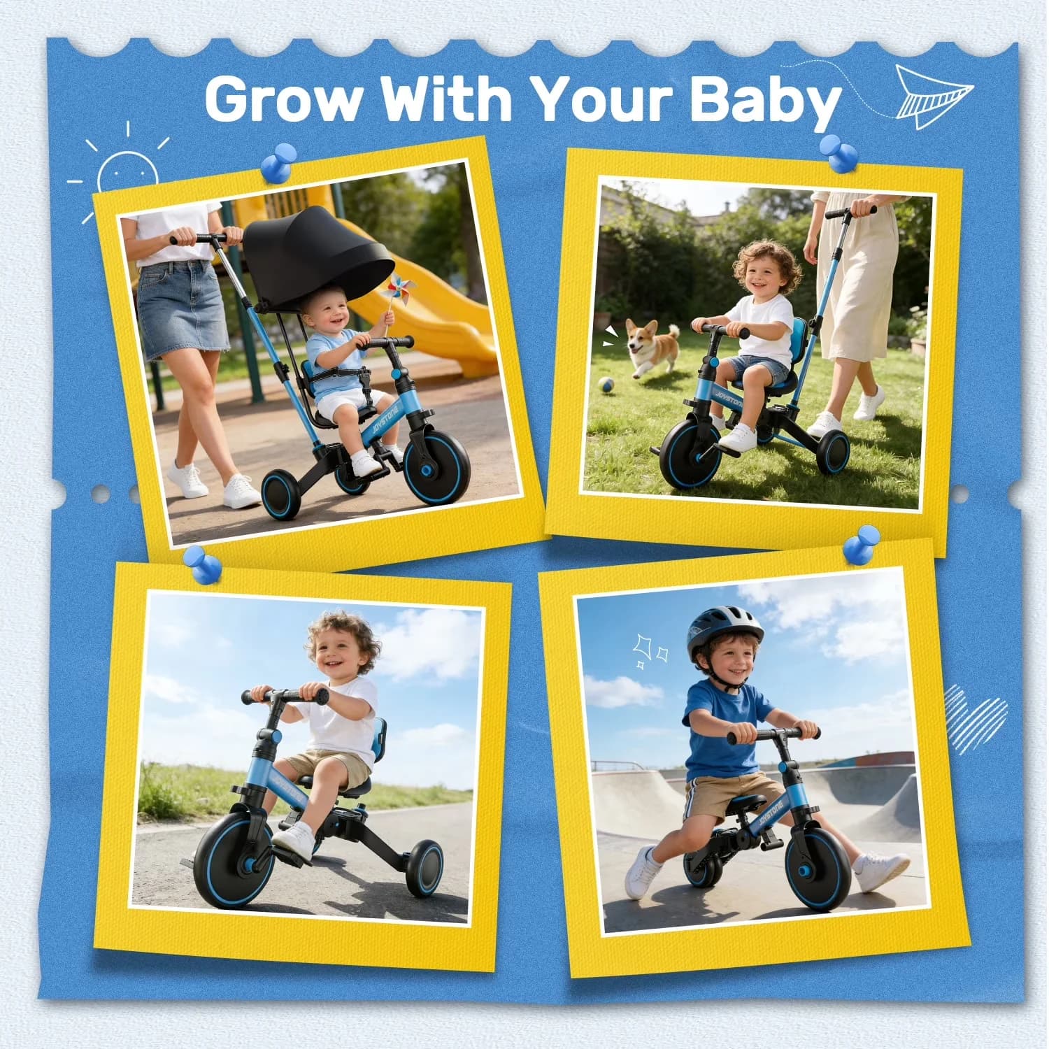 Kids Bike Compact with Adjustable Seat, Adjustable Canopy, 7 in 1 Folding Toddler Tricycle - Blue Model F75C42