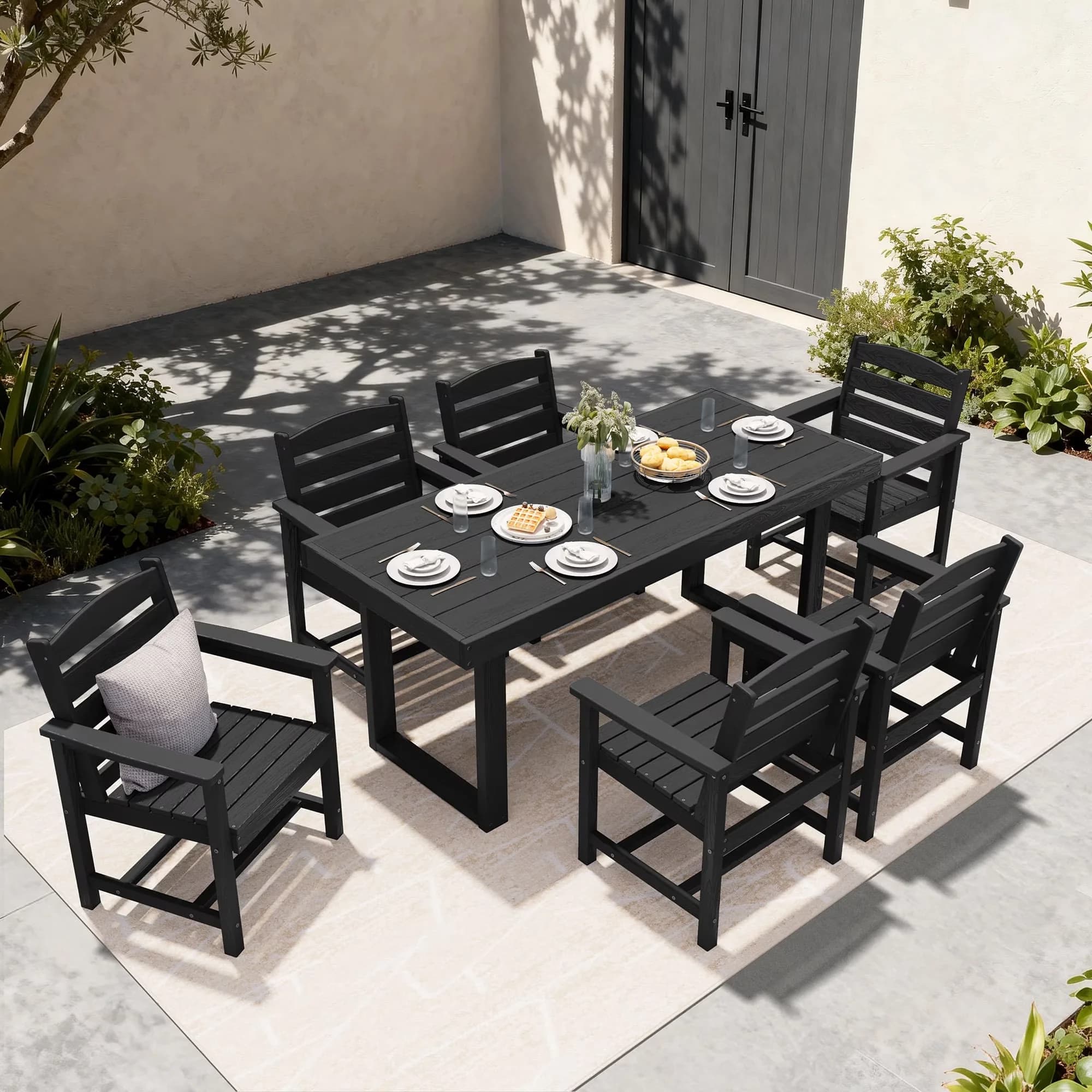 Stylish Patio Dining Set with Umbrella Hole, Seats 6, Rectangular Table - Black 7-Piece Model 9570B4