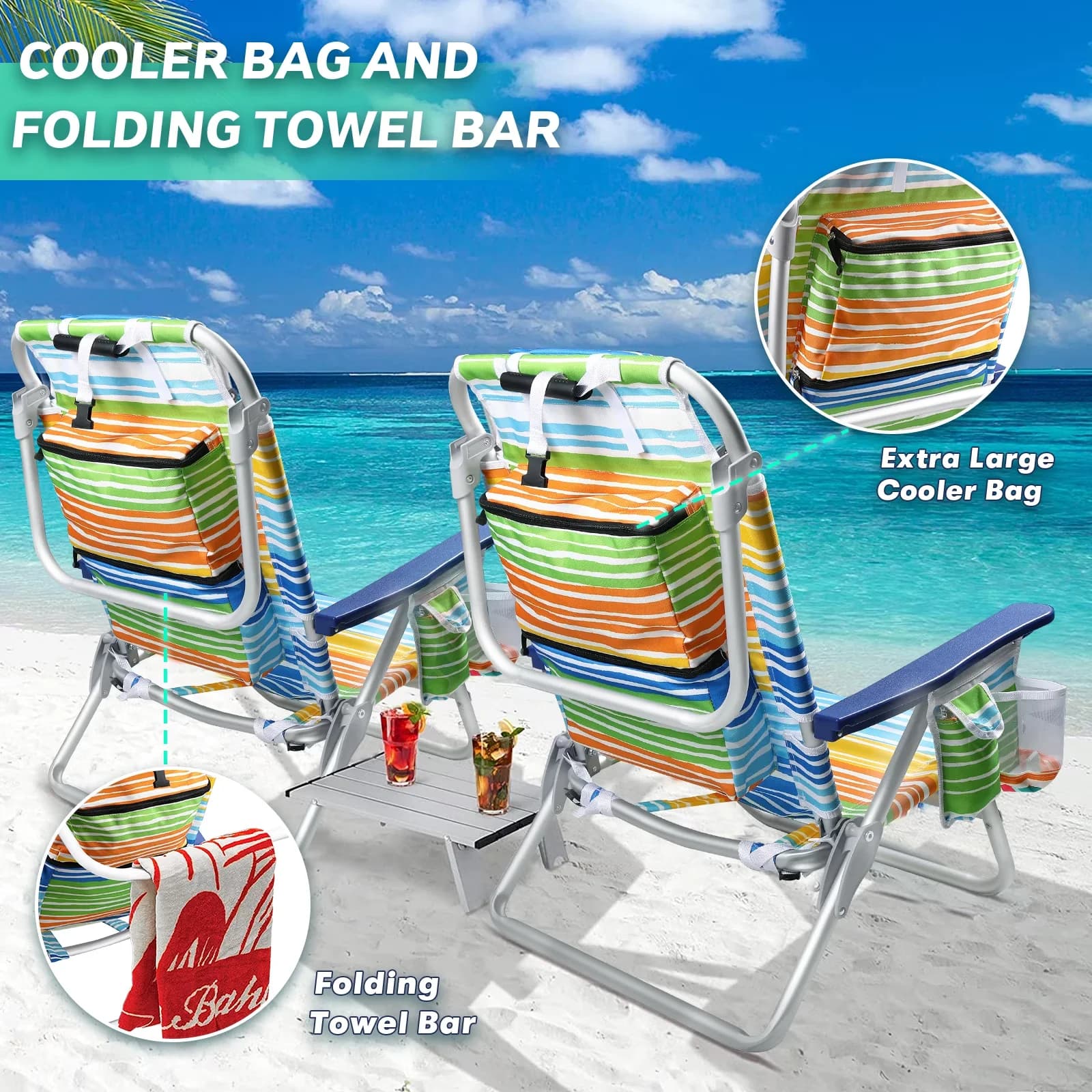 Premium Beach Chair with Adjustable, Folding, Cup Holder and Storage Bag -Set of 2 - Model 1E93DF