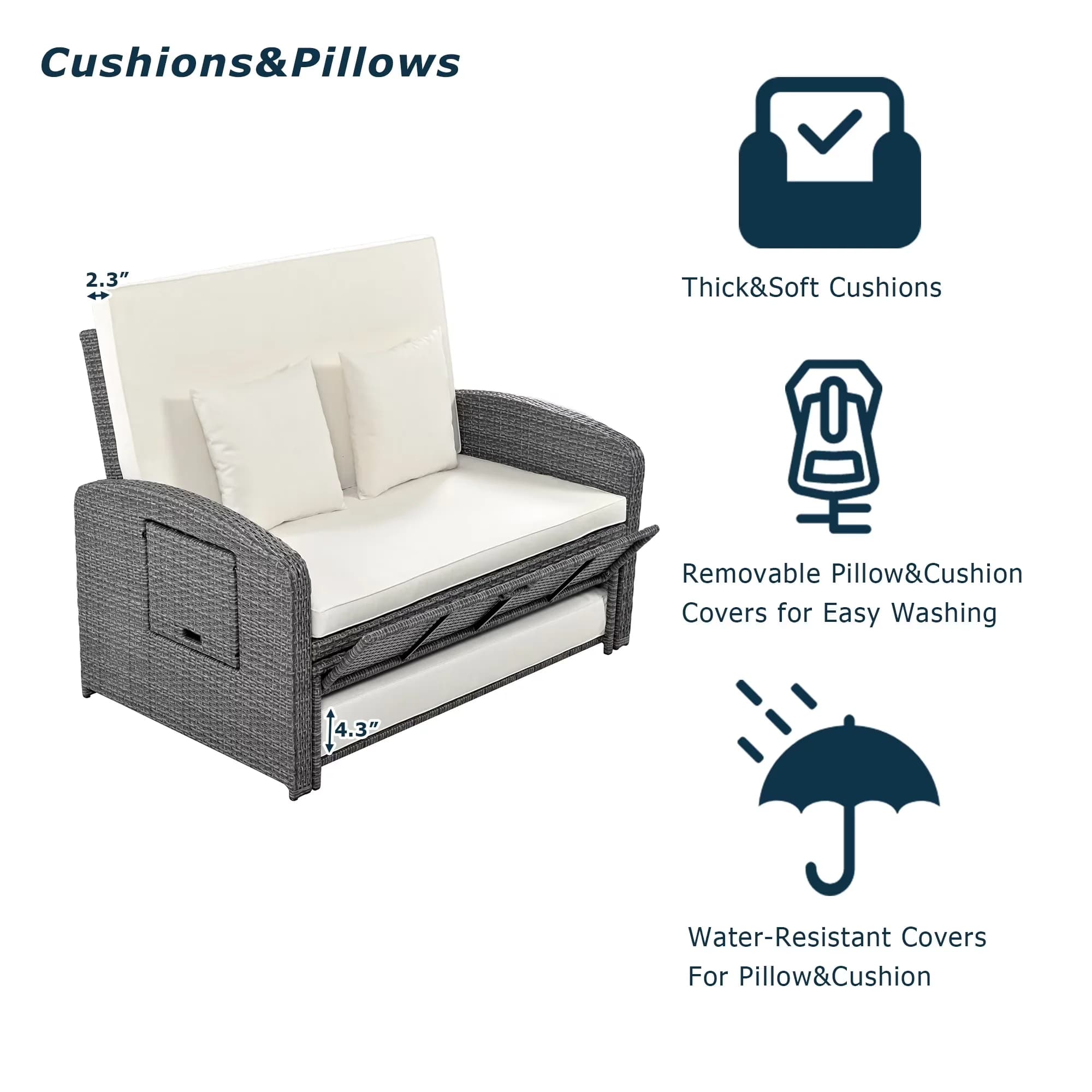 Patio Chair Durable with Outdoor Rattan Double Chaise Lounge, Adjustable Back and Cup Tray, Reclining Daybed - Rattan, Foam White for... Model 53598F