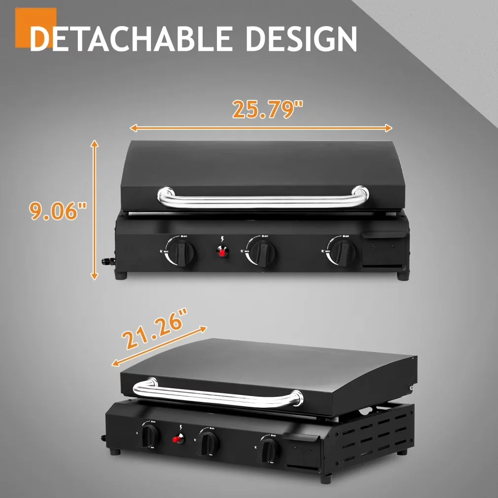 Reliable Flat Top Grill with Portable, Non Stick Ceramic Coated Pan, 3 Burner Gas Griddle Cooking Station - Stainless Steel for... Model A8FE18
