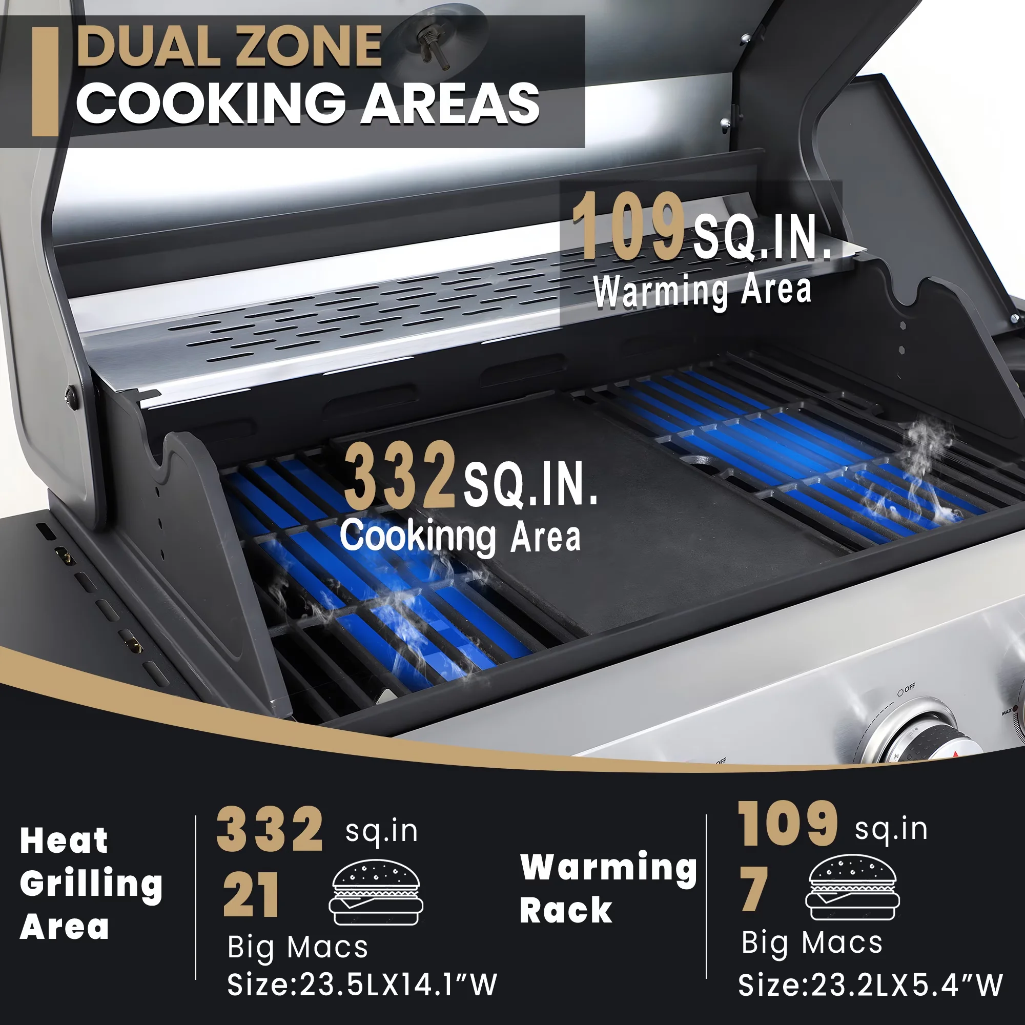 Modern Gas Grill with 46790 BTU, Heat Thermometer, Grease Pan - Silver Stainless Steel for Patio, Garden Model 0A6E83