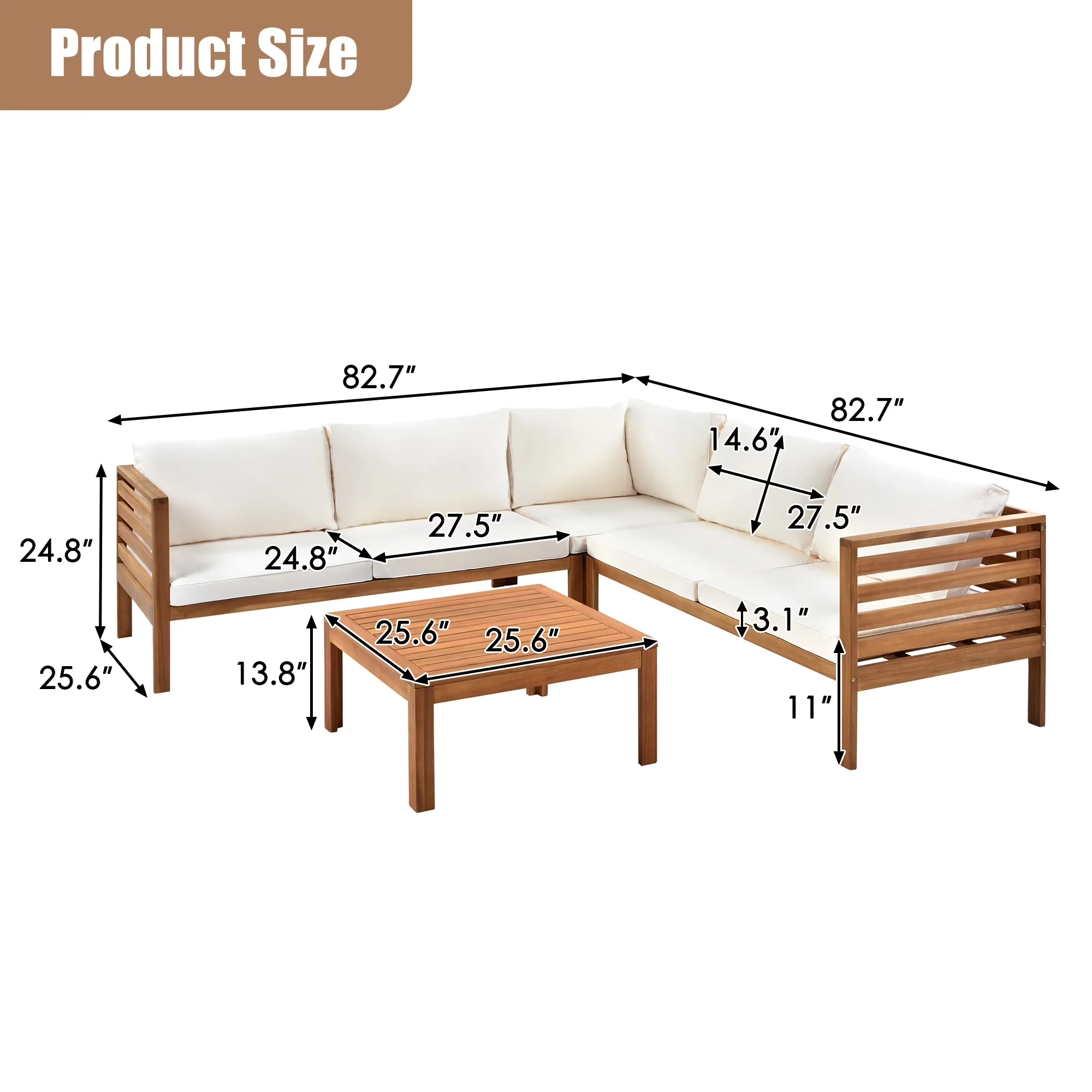 Patio Conversation Set Professional with Coffee Table, Beige, Cushions - Beige Acacia Wood,Polyester Model 12AF33