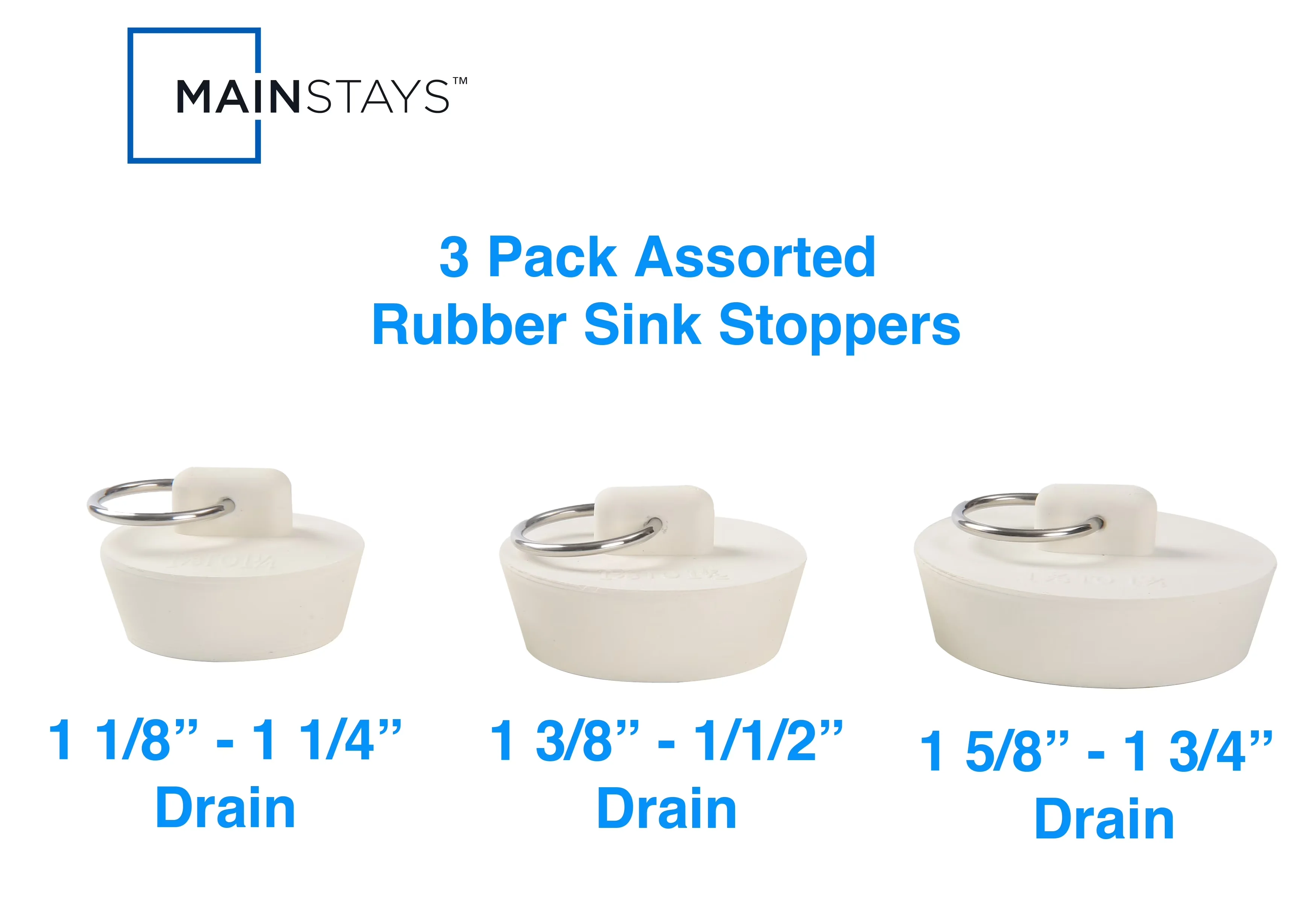 Classic Plumbing with Anti-Clogging, Rings, 3 Piece Rubber Sink Stoppers - White Rubber, Stainless Steel Model 258156