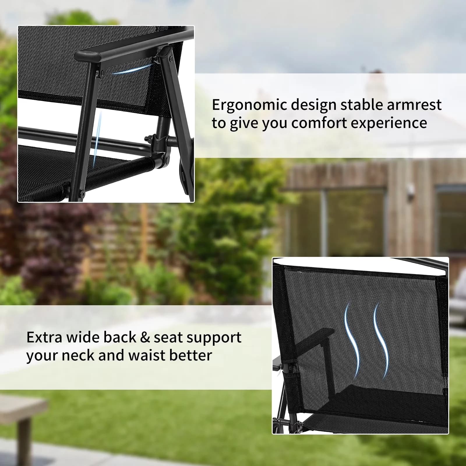 Sleek Patio Chair with Modern, Storage, Armrest Black Portable Sling Chairs - Black Metal+Teslinian for Living Room, Patio Model 69B217