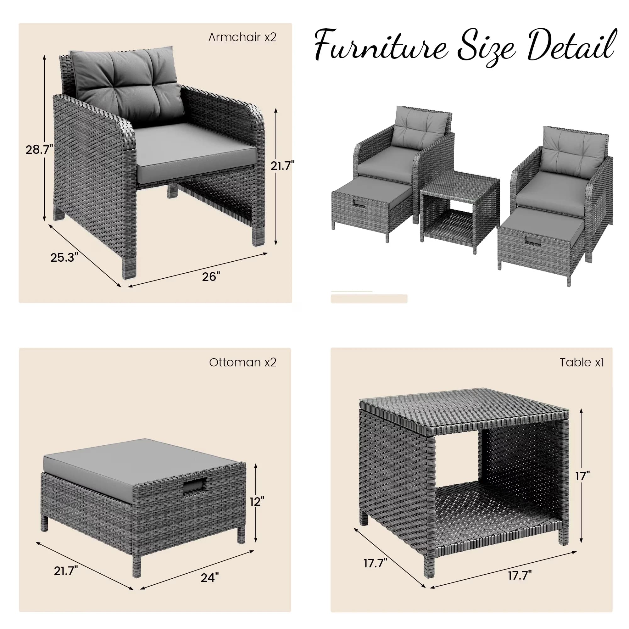 Modern Patio Conversation Set with Storage, 5-Piece, PE Wicker Rattan Outdoor Lounge Chairs - Pe Rattan Gray Model 2878F8