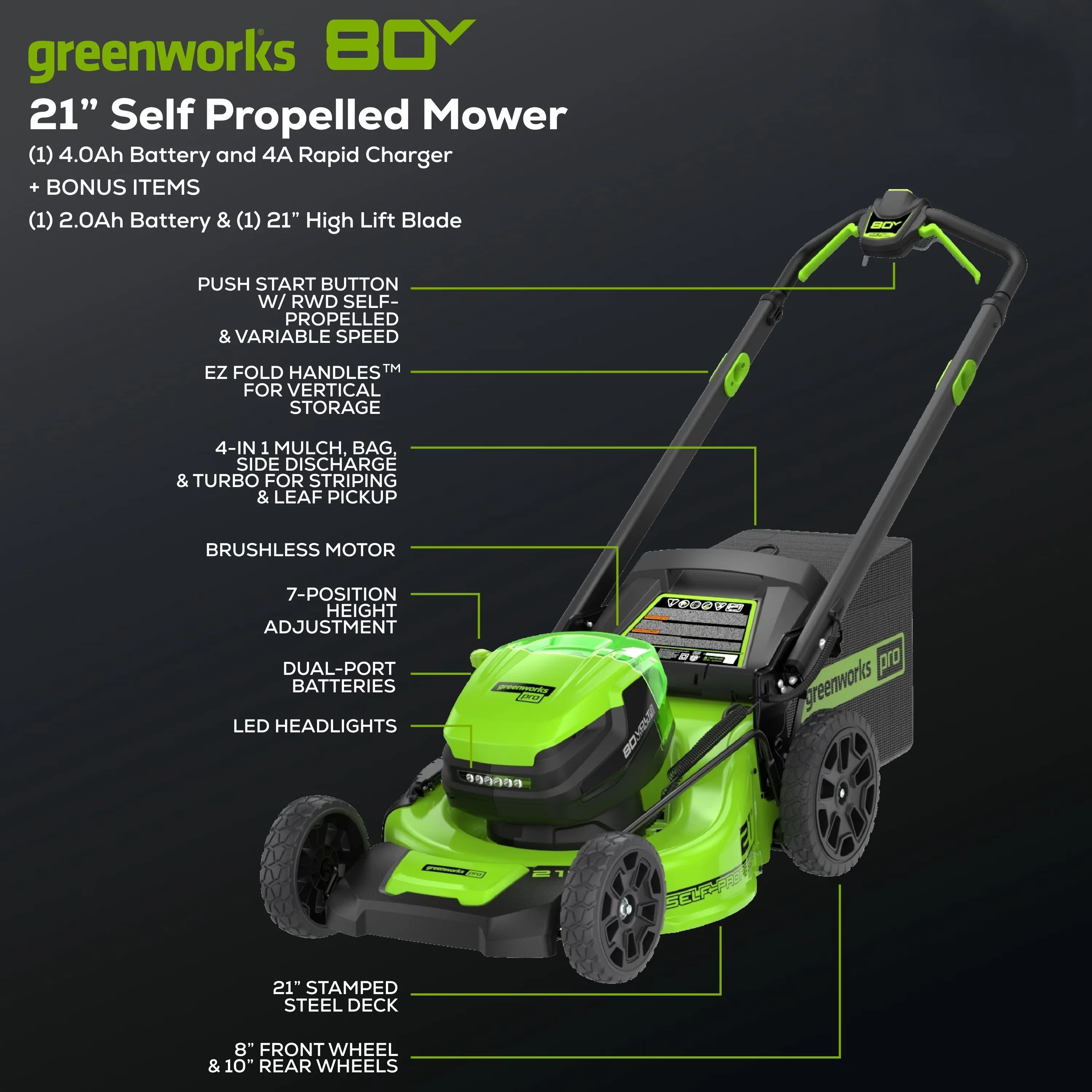 Reliable Push Mower with Battery, 80V, Adjustable Speed - Green - Universal Fit Model 7DE6FA