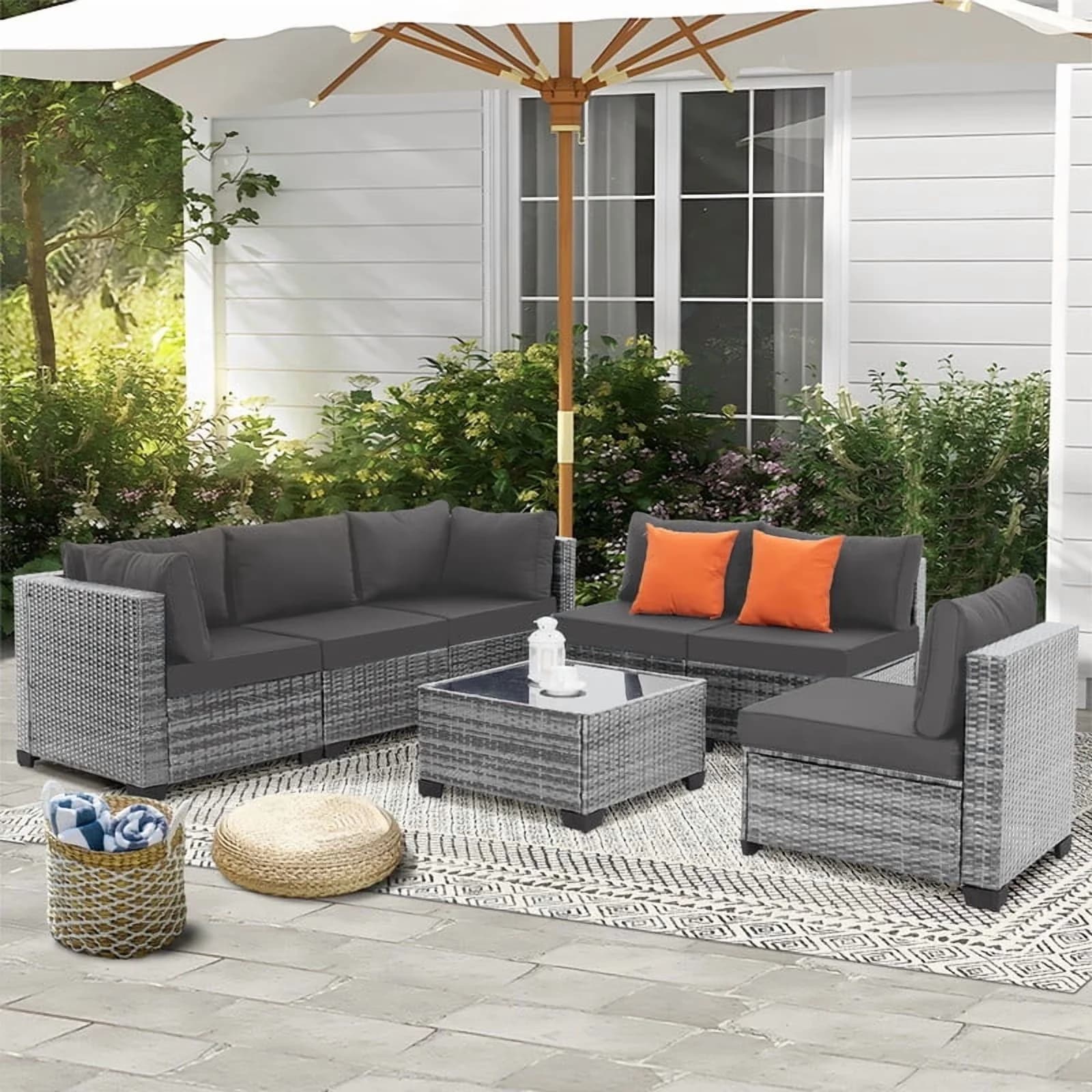 Quality Patio Conversation Set with Weatherproof, Modular Furniture, Thick Cushions & Tempered Glass Table - Gray Fabric Model 508516