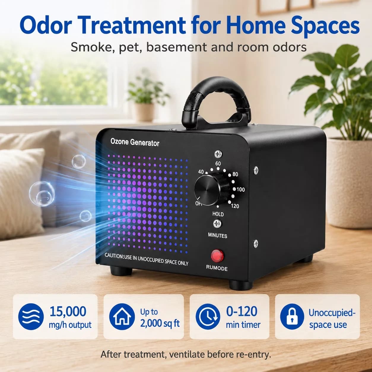 Essential Air Purifier with Variable Speed, Ozone Generator 15000mg/h Ozone Machine - Black for Home, Car Model 80A52C