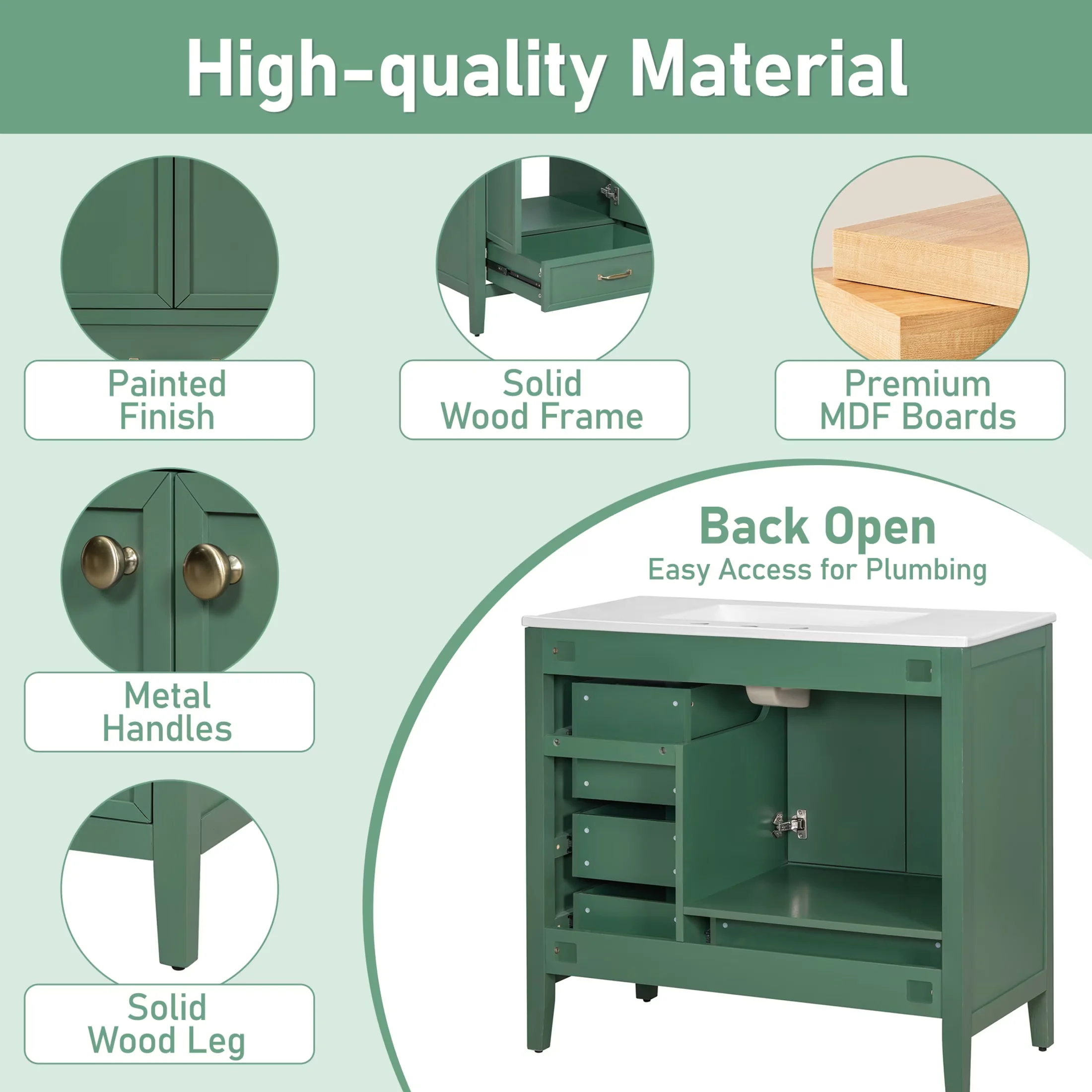 Quality Bathroom Renovation with Wood Storage Cabinet, Green, 36" Vanity - Model F43894
