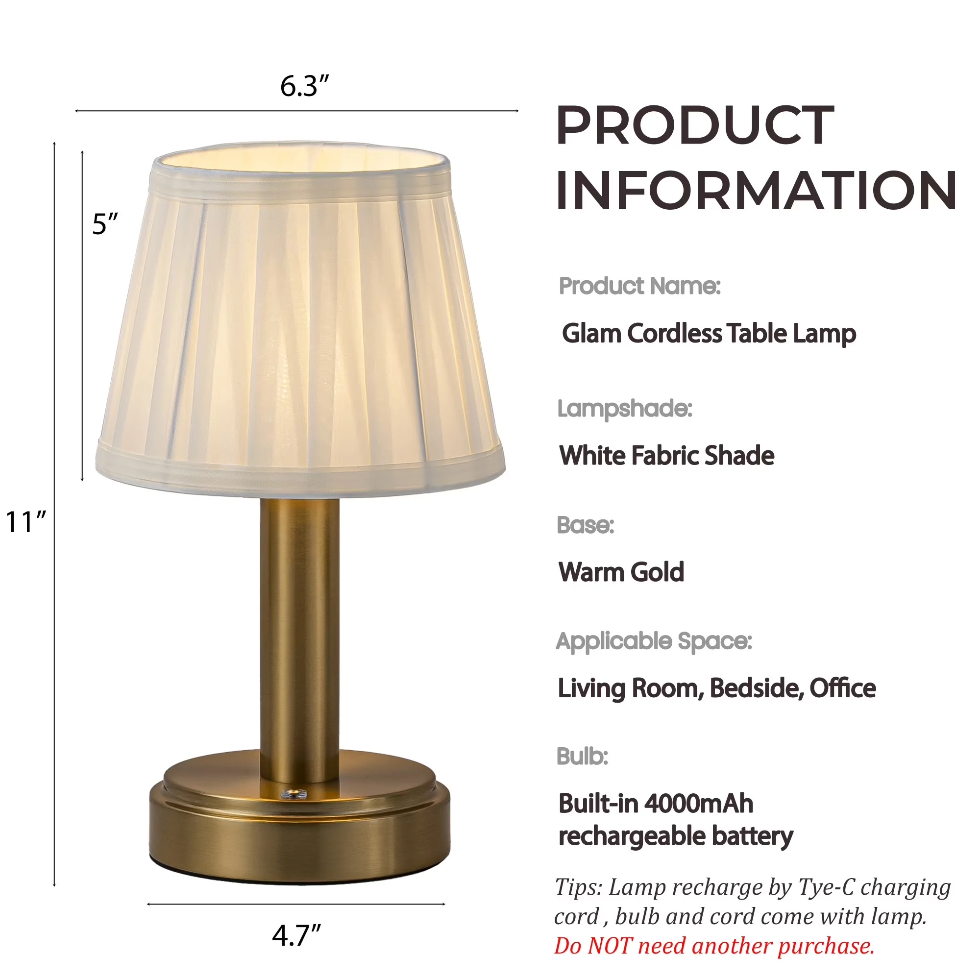 Reliable Table Lamp with LED, Battery, Touch Sensor - Gold, Beige Iron,Fabric Model 2A3E47